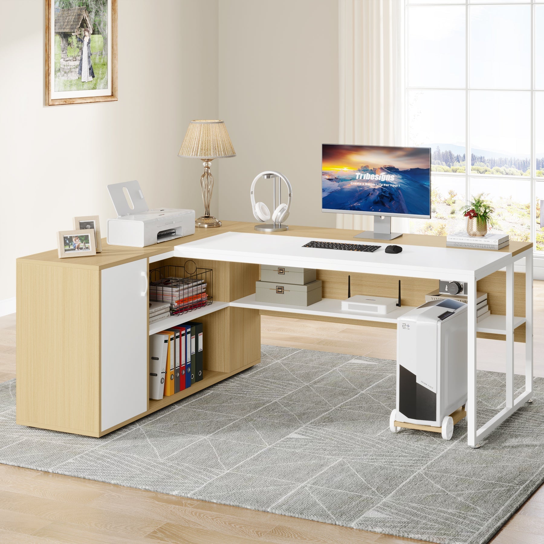 Large L-Shaped Desk, 180 cm Executive Desk with Shelves & Cabinet