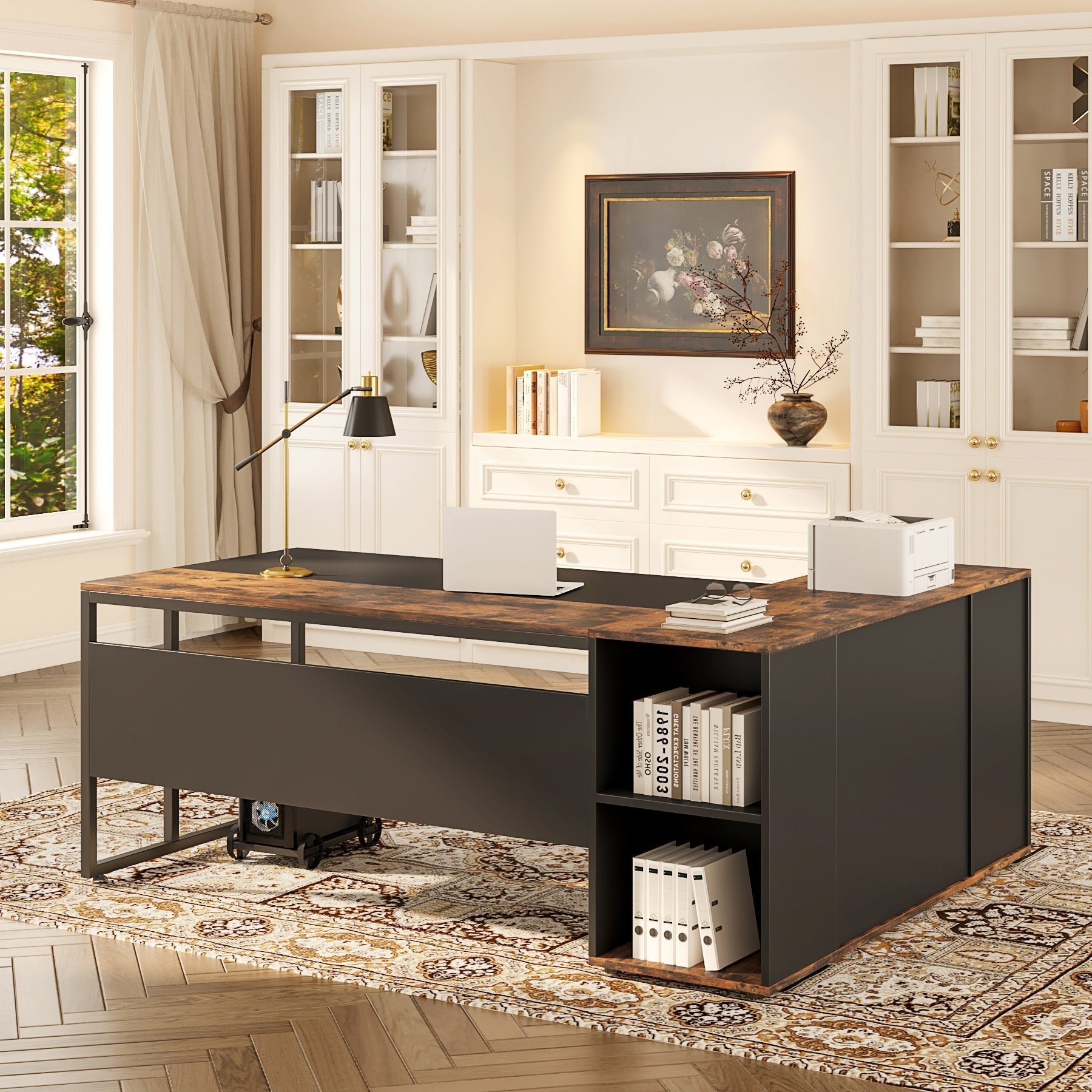 Large L-Shaped Desk, 180 cm Executive Desk with Shelves & Cabinet