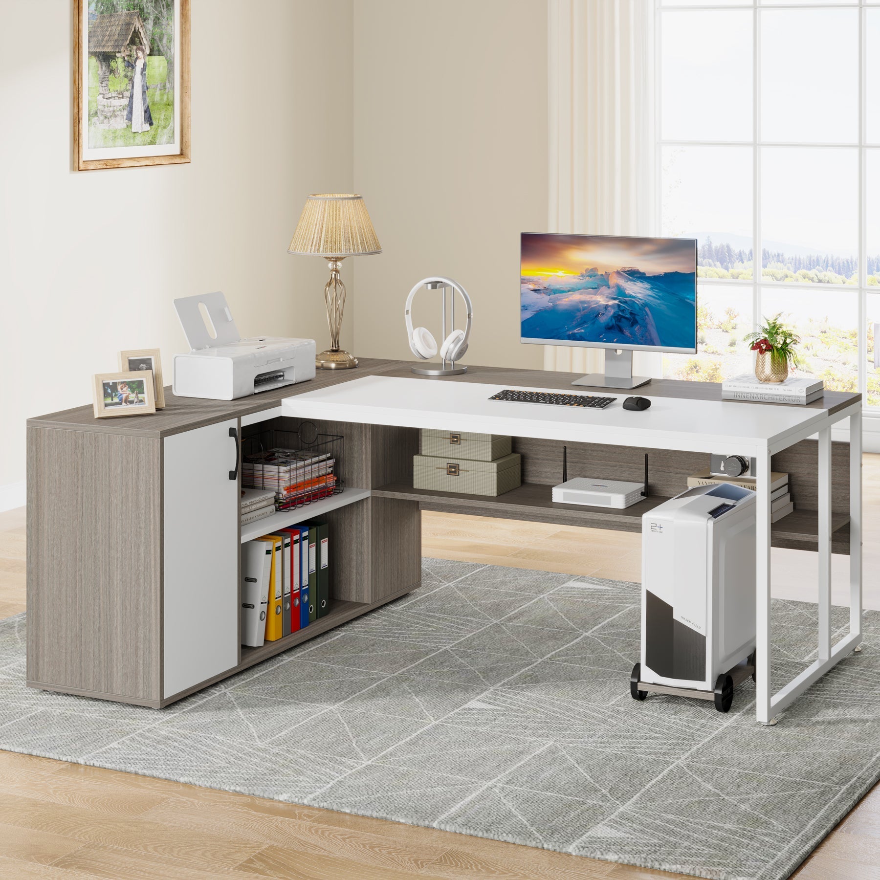 Large L-Shaped Desk, 180 cm Executive Desk with Shelves & Cabinet