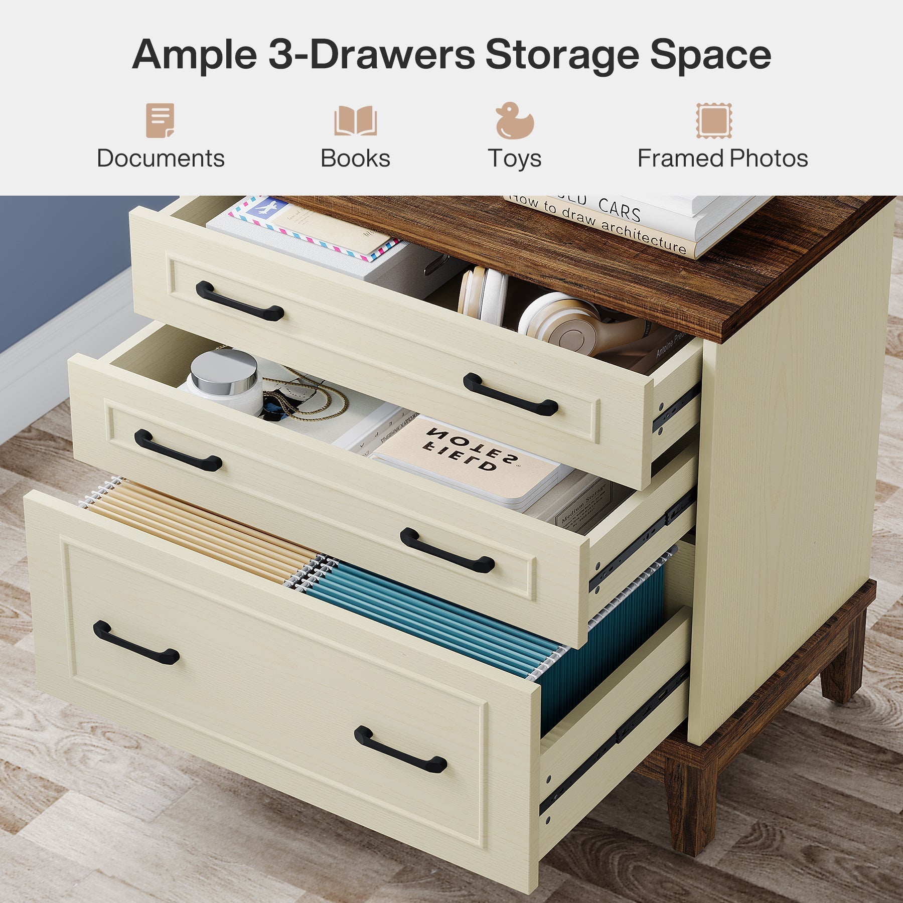 Lateral File Cabinet, 3-Drawer Filing Cabinet for A4/Letter/Legal Size (cm)