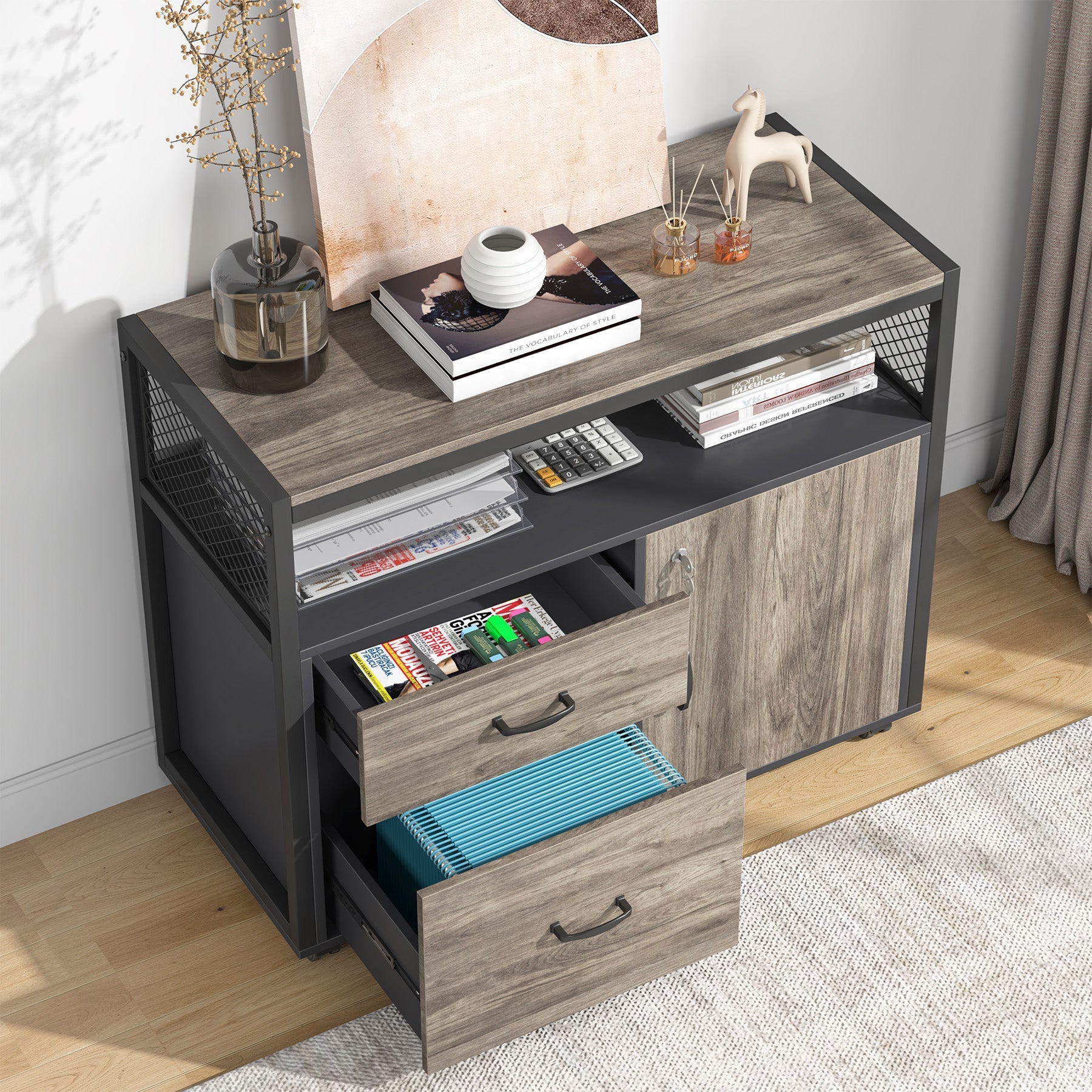 Lockable File Cabinet Printer Stand with Drawers & Caster (cm)