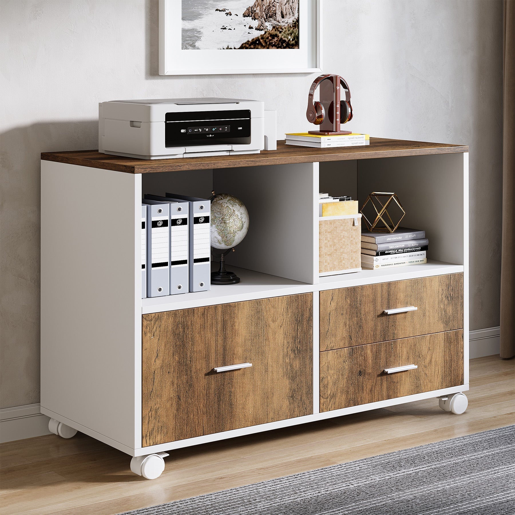 Lockable File Cabinet Printer Stand with Drawers & Caster (cm)