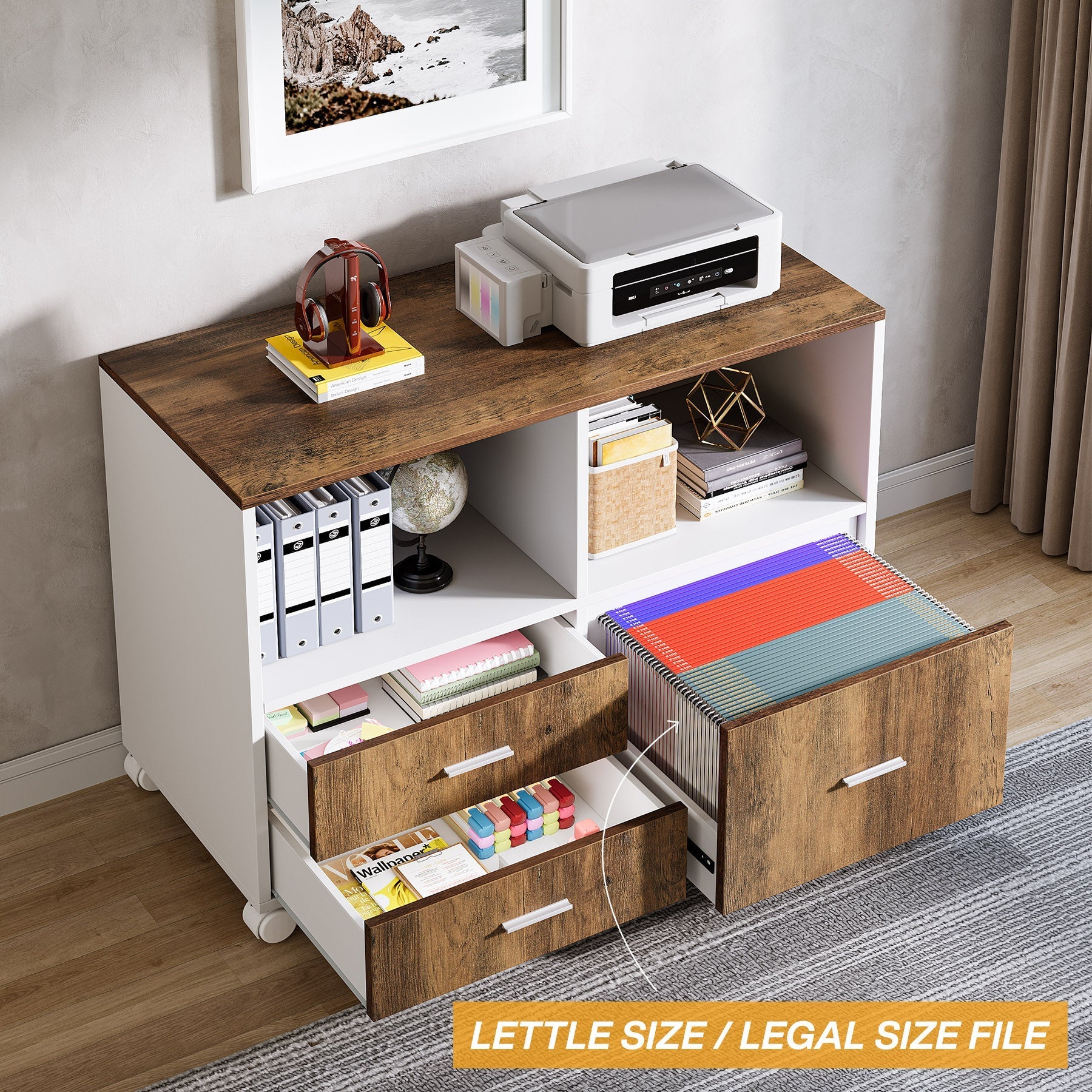 Lockable File Cabinet Printer Stand with Drawers & Caster (cm)