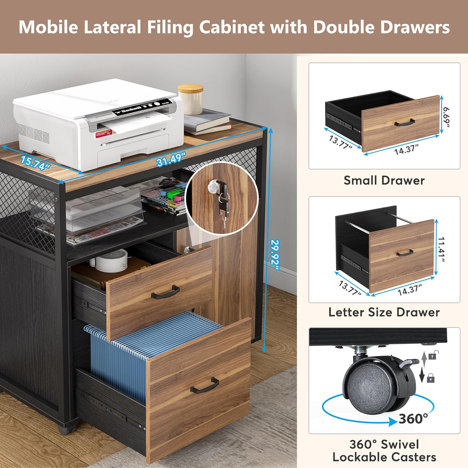 Lockable File Cabinet Printer Stand with Drawers & Caster (cm)