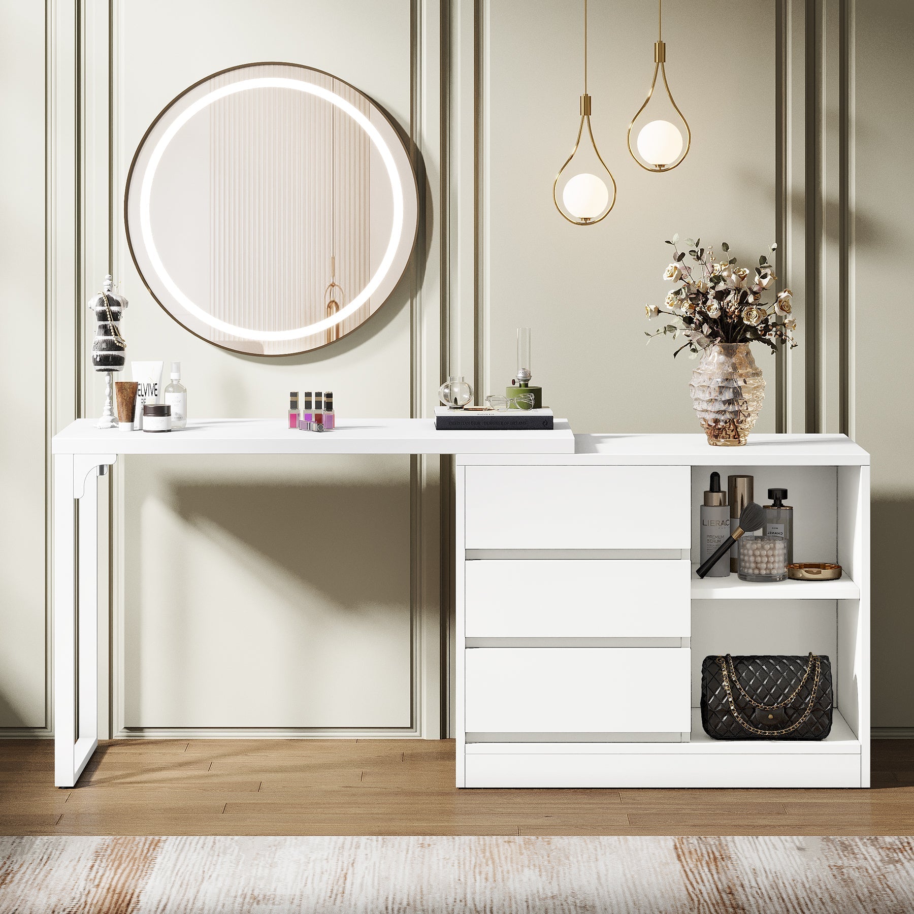 Makeup Vanity, Dressing Table with 3 Drawers and Storage Shelves (in cm)