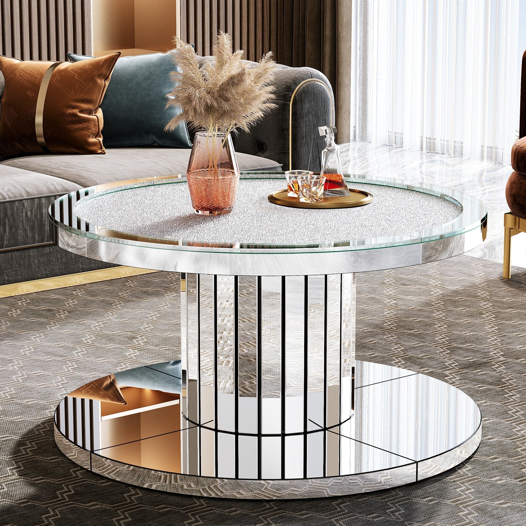 Mirrored Coffee Table, 75 cm Center Table 2-Tier Snack Table