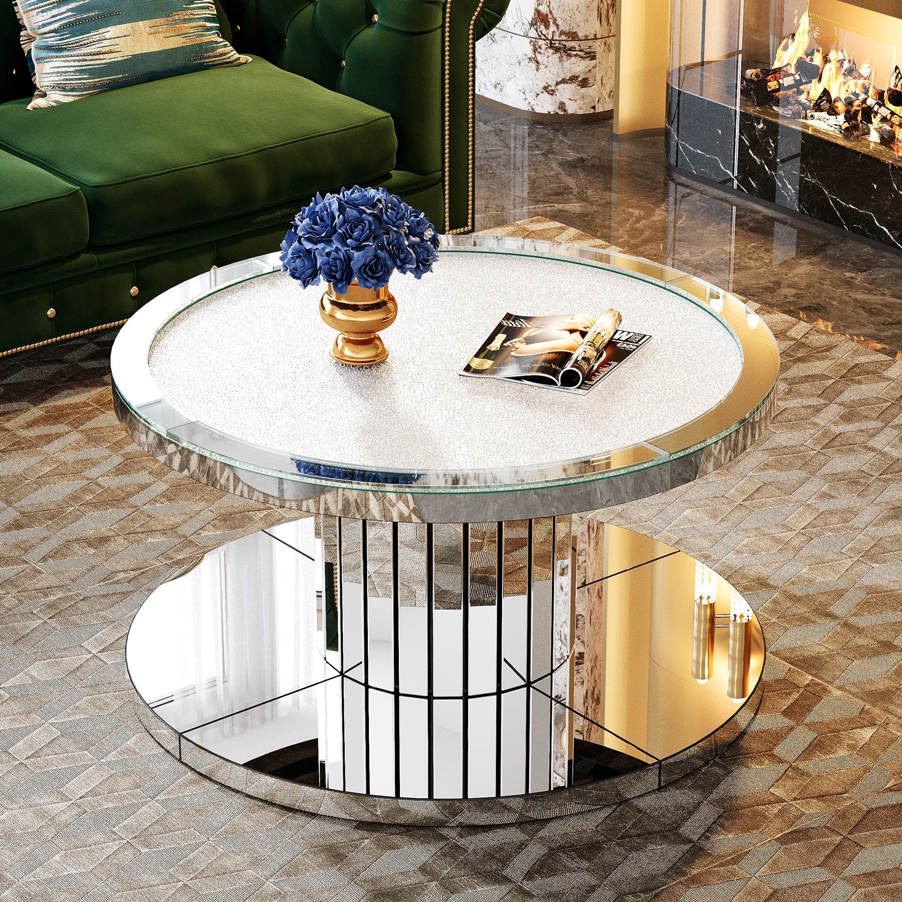 Mirrored Coffee Table, 75 cm Center Table 2-Tier Snack Table