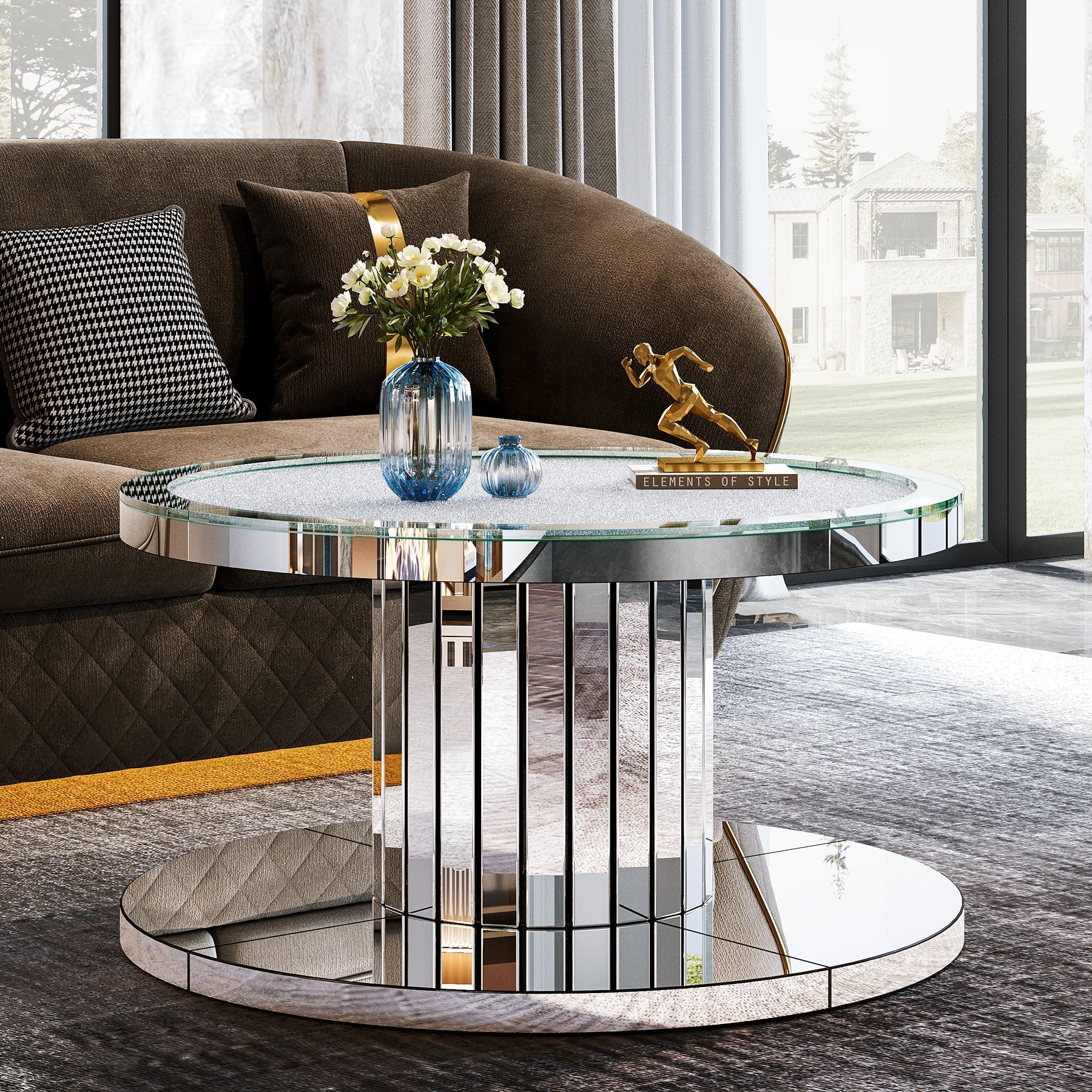 Mirrored Coffee Table, 75 cm Center Table 2-Tier Snack Table