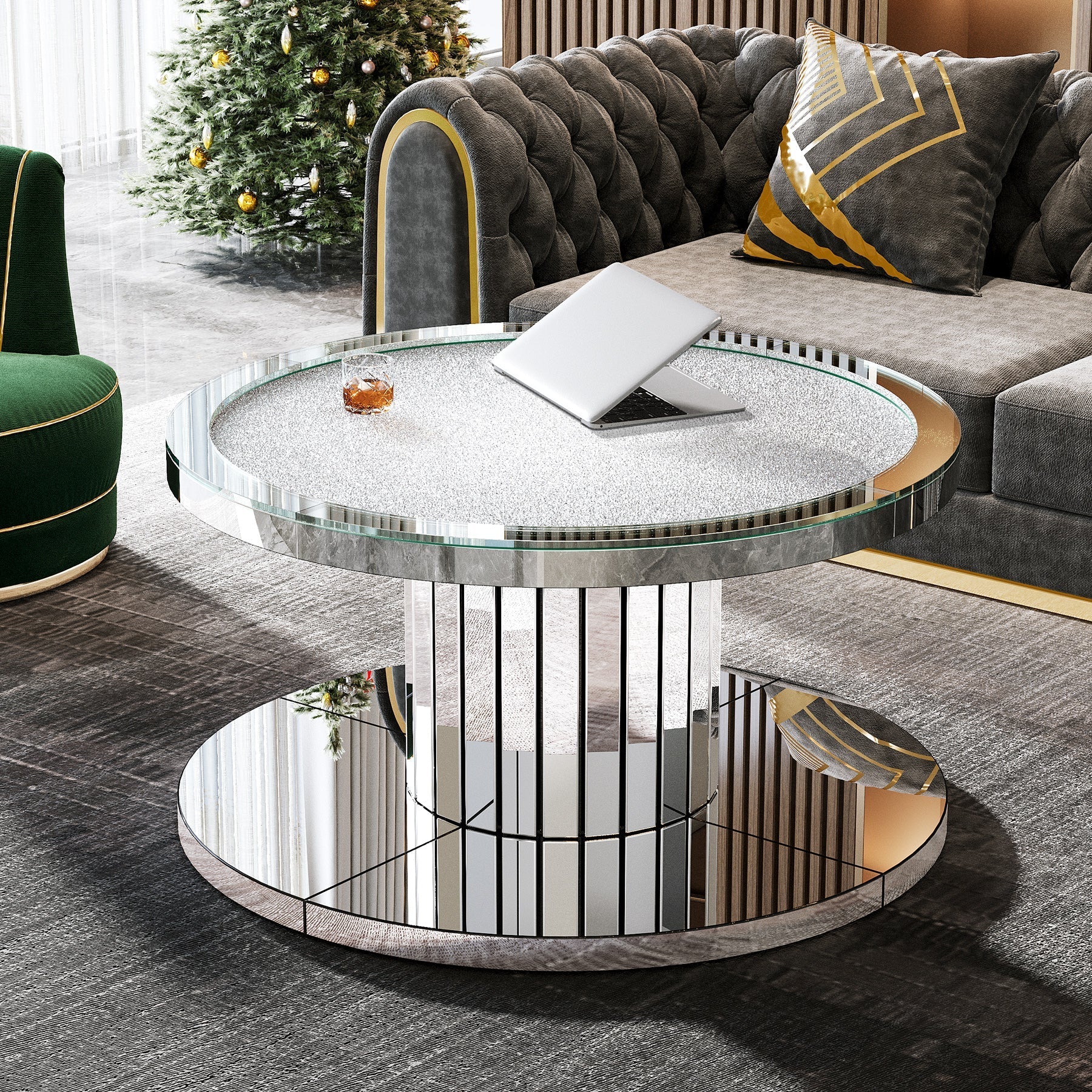 Mirrored Coffee Table, 75 cm Center Table 2-Tier Snack Table