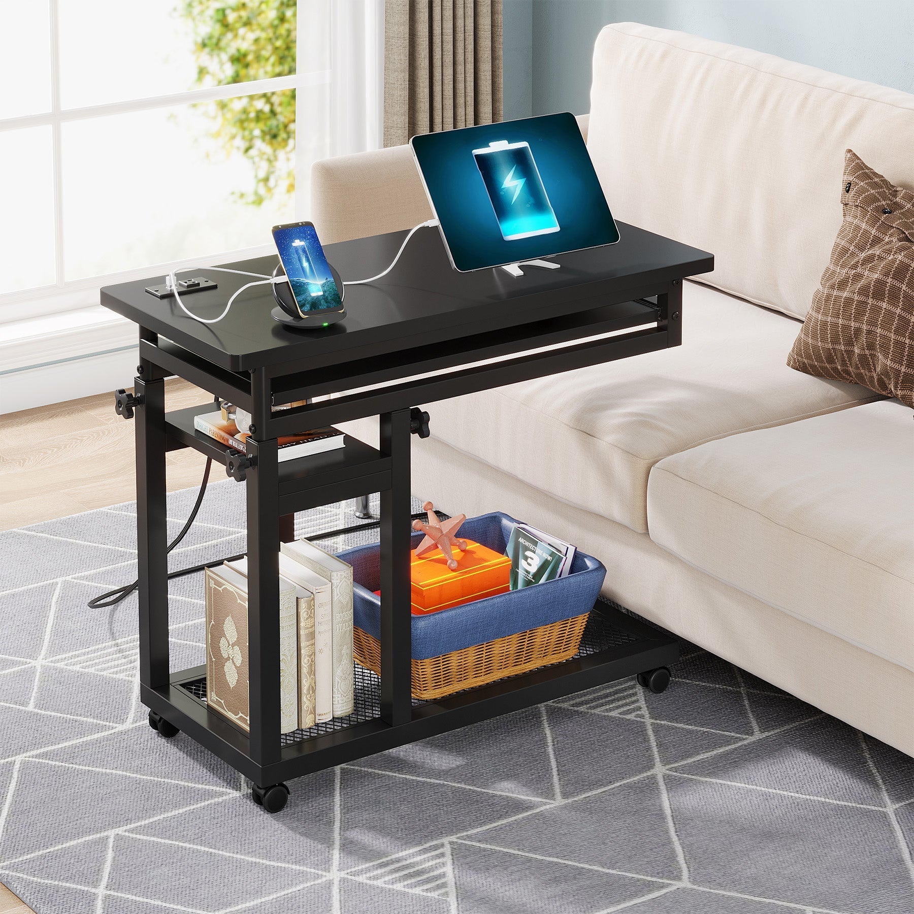 Mobile C Table, Portable Desk Side Table with Power Outlet