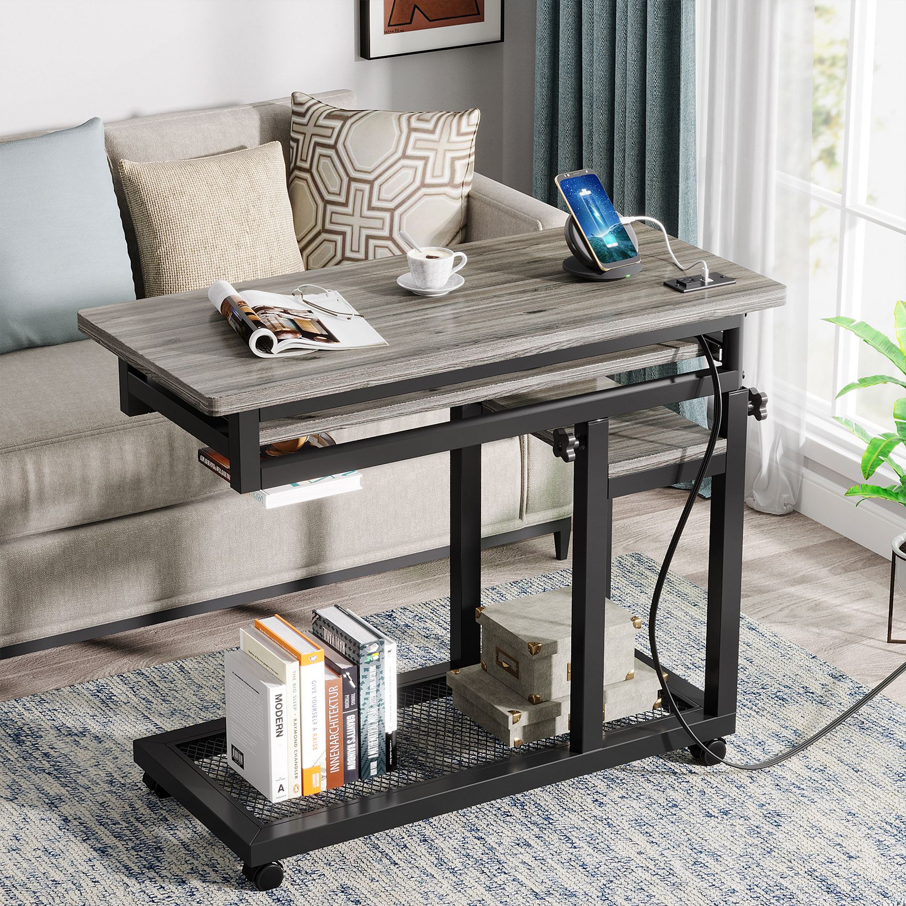 Mobile C Table, Portable Desk Side Table with Power Outlet