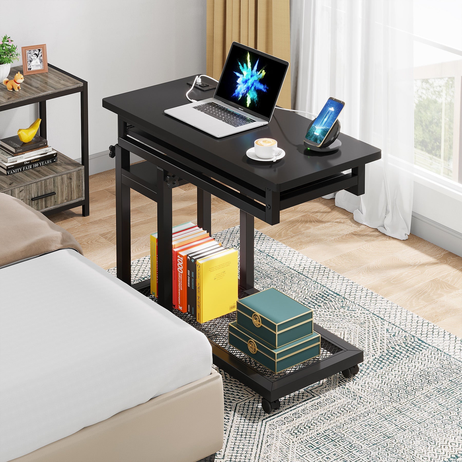 Mobile C Table, Portable Desk Side Table with Power Outlet