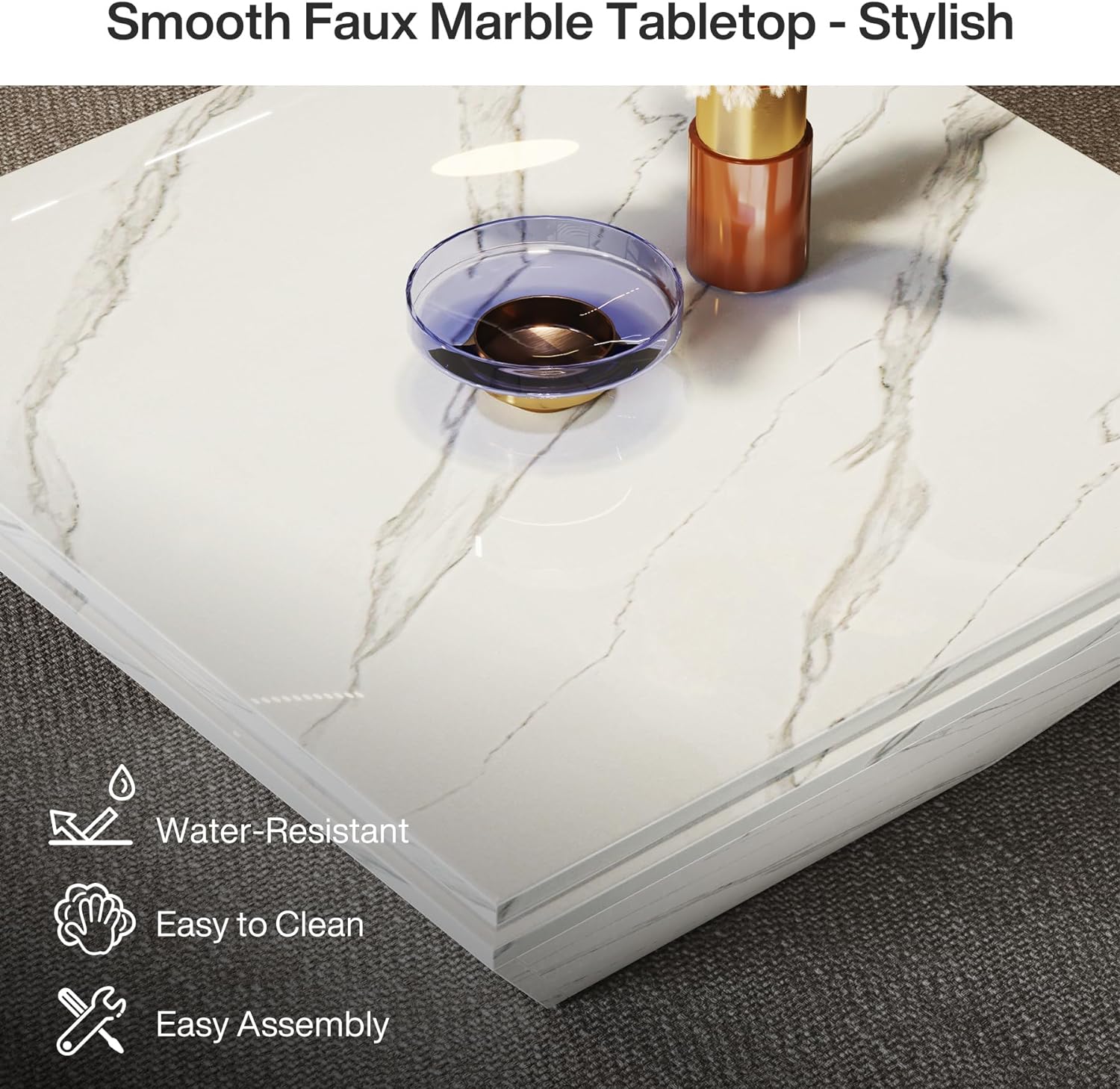 Modern Coffee Table, 90 cm Center Table with Faux Marble Top