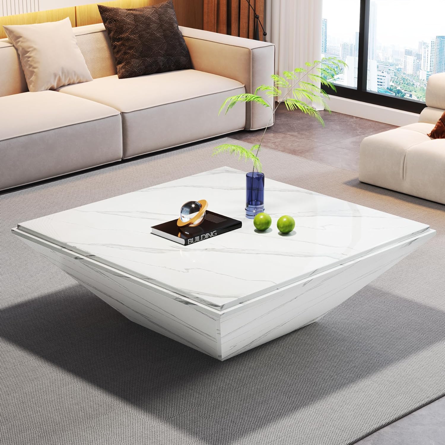 Modern Coffee Table, 90 cm Center Table with Faux Marble Top