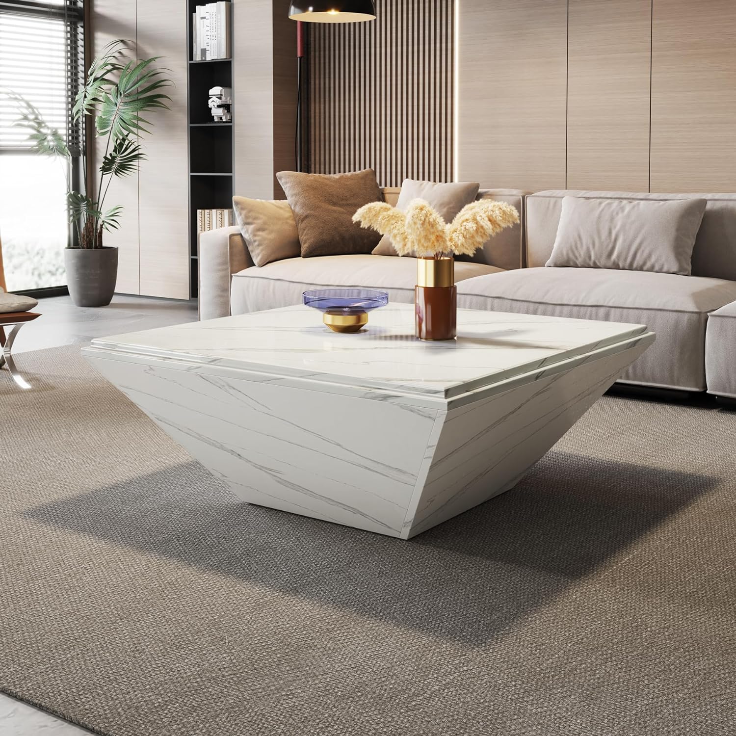 Modern Coffee Table, 90 cm Center Table with Faux Marble Top