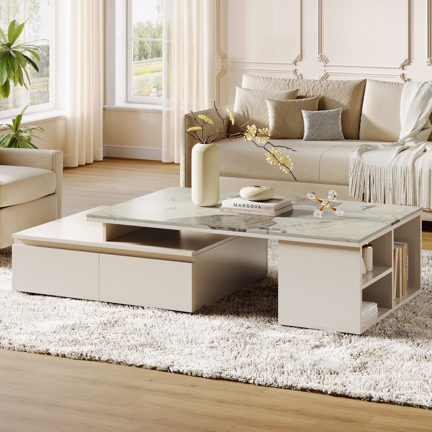 Modern Coffee Table, Extendable Tabletop Center Table with 4 Drawers & Storage Shelf (in cm)