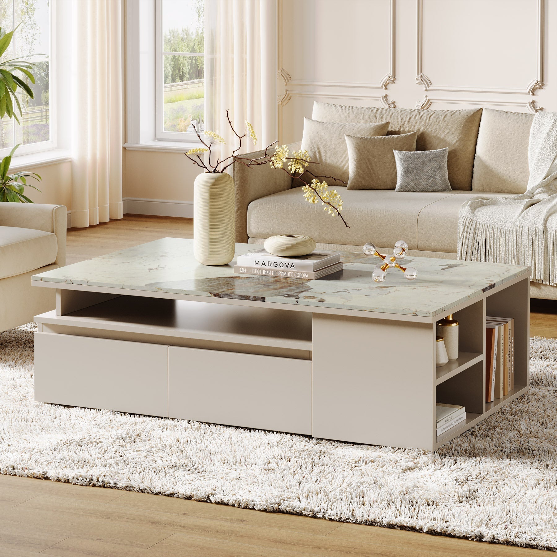 Modern Coffee Table, Extendable Tabletop Center Table with 4 Drawers & Storage Shelf (in cm)