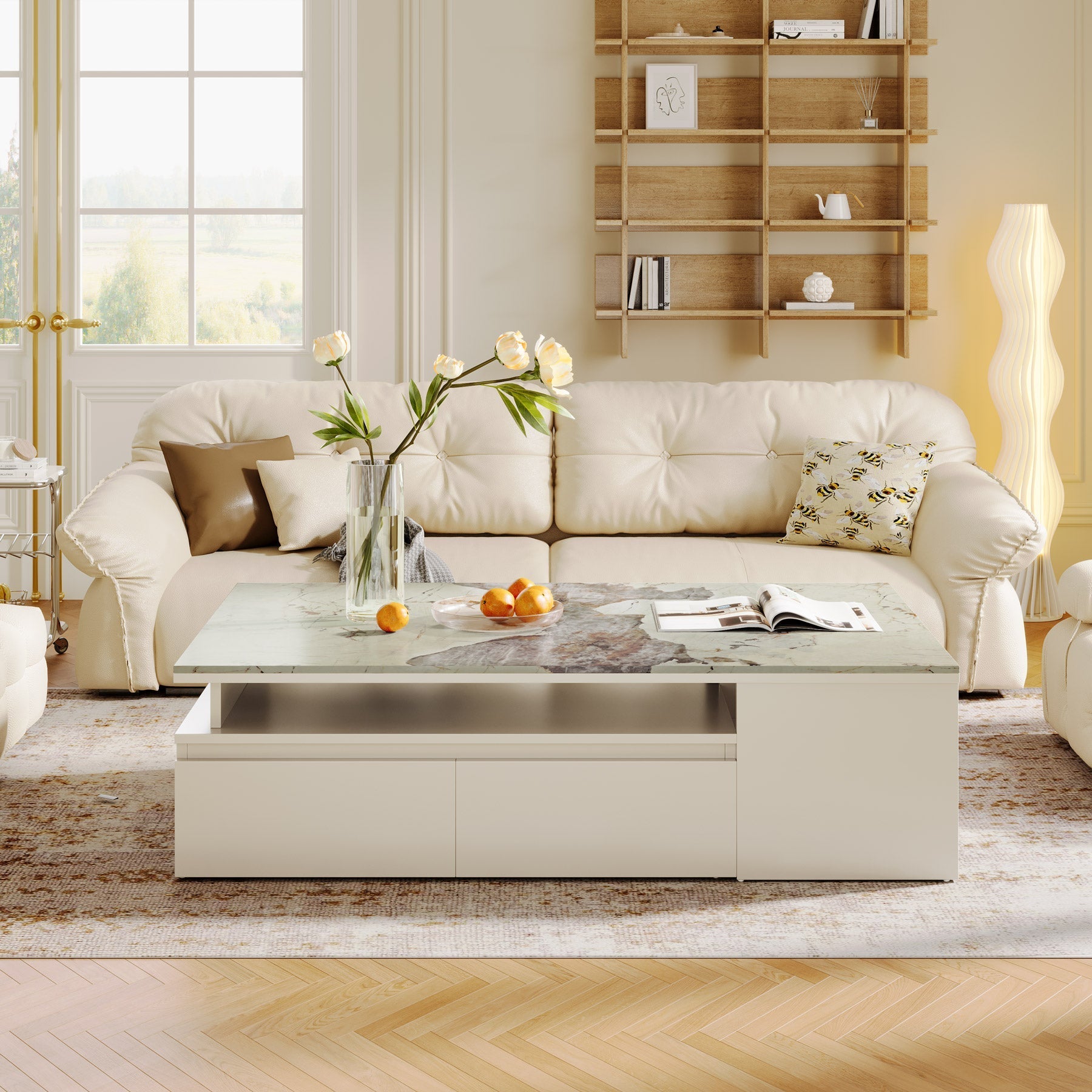 Modern Coffee Table, Extendable Tabletop Center Table with 4 Drawers & Storage Shelf (in cm)