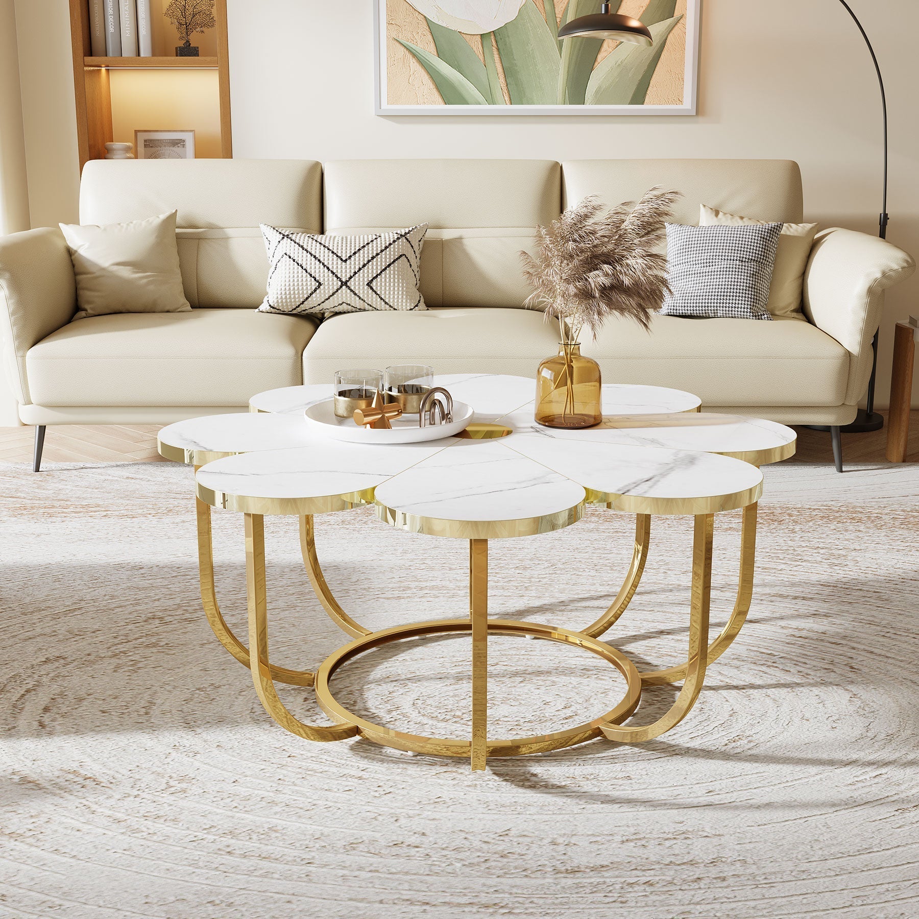 Modern Coffee Table, Flower-Shaped Center Table with Faux Marble Tabletop (in cm)