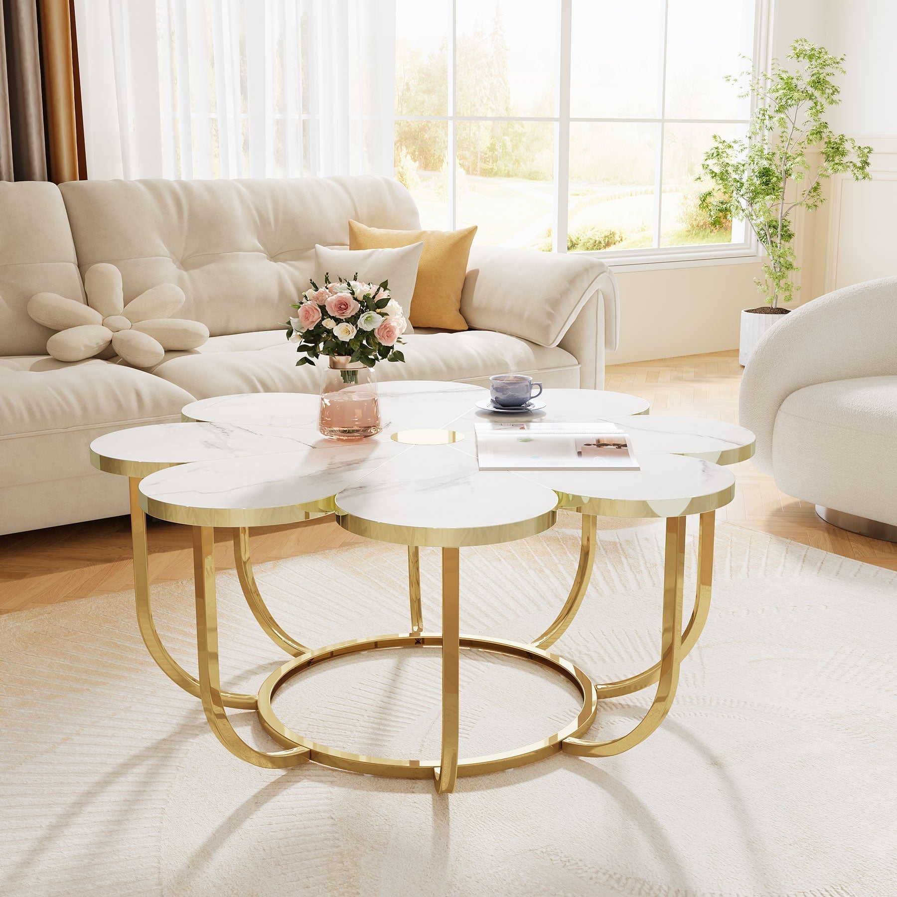 Modern Coffee Table, Flower-Shaped Center Table with Faux Marble Tabletop (in cm)