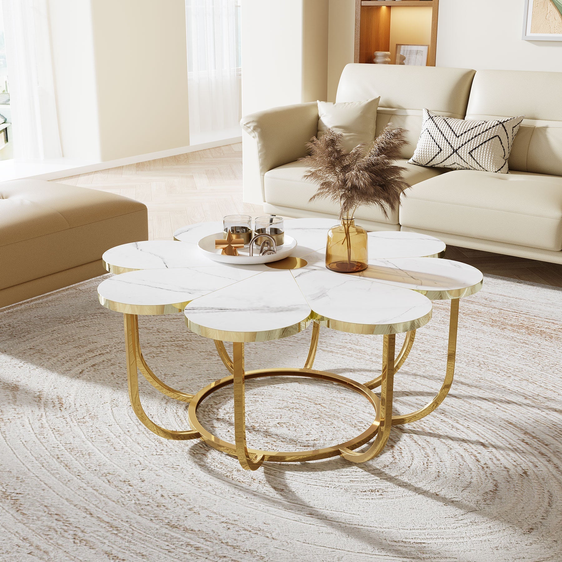 Modern Coffee Table, Flower-Shaped Center Table with Faux Marble Tabletop (in cm)