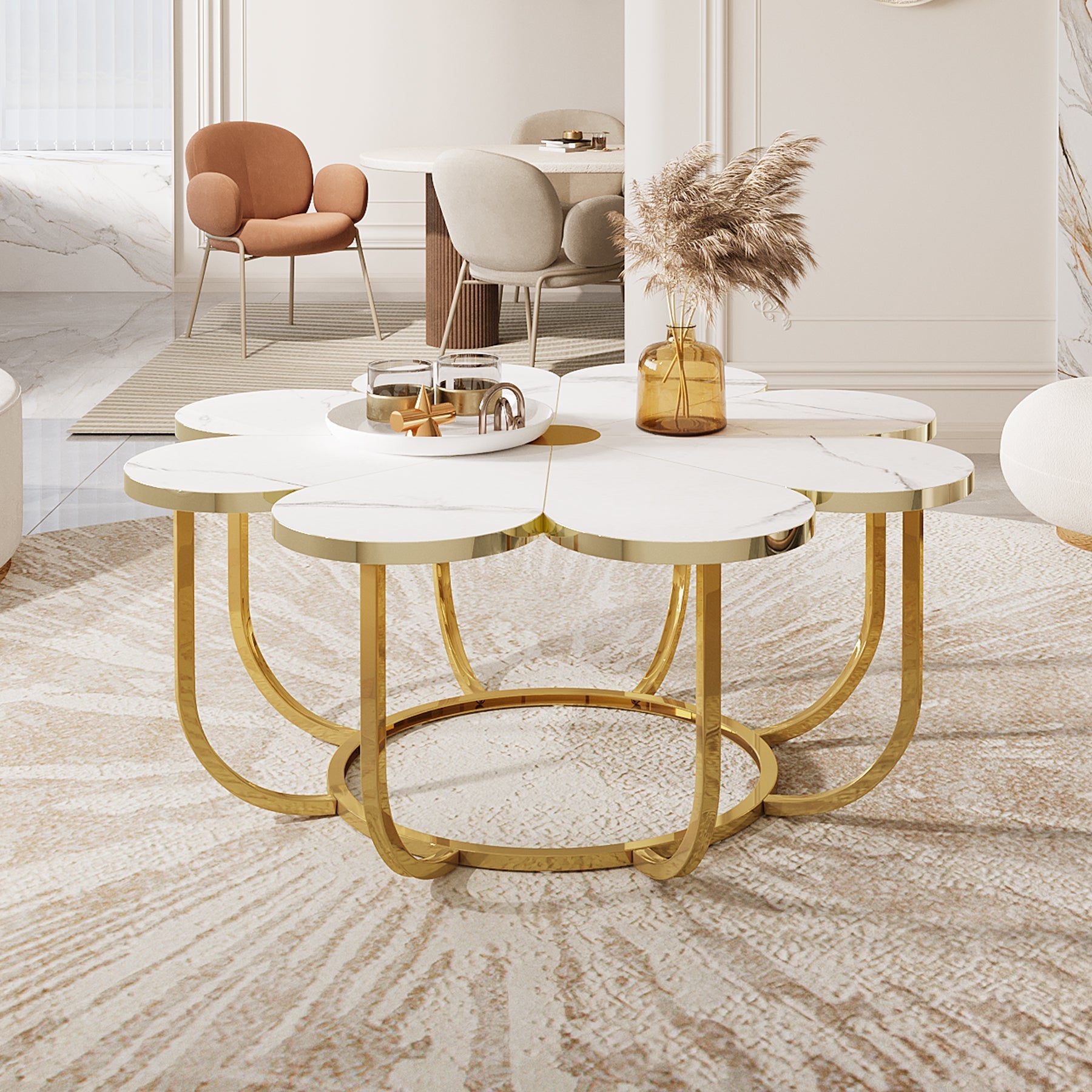 Modern Coffee Table, Flower-Shaped Center Table with Faux Marble Tabletop (in cm)