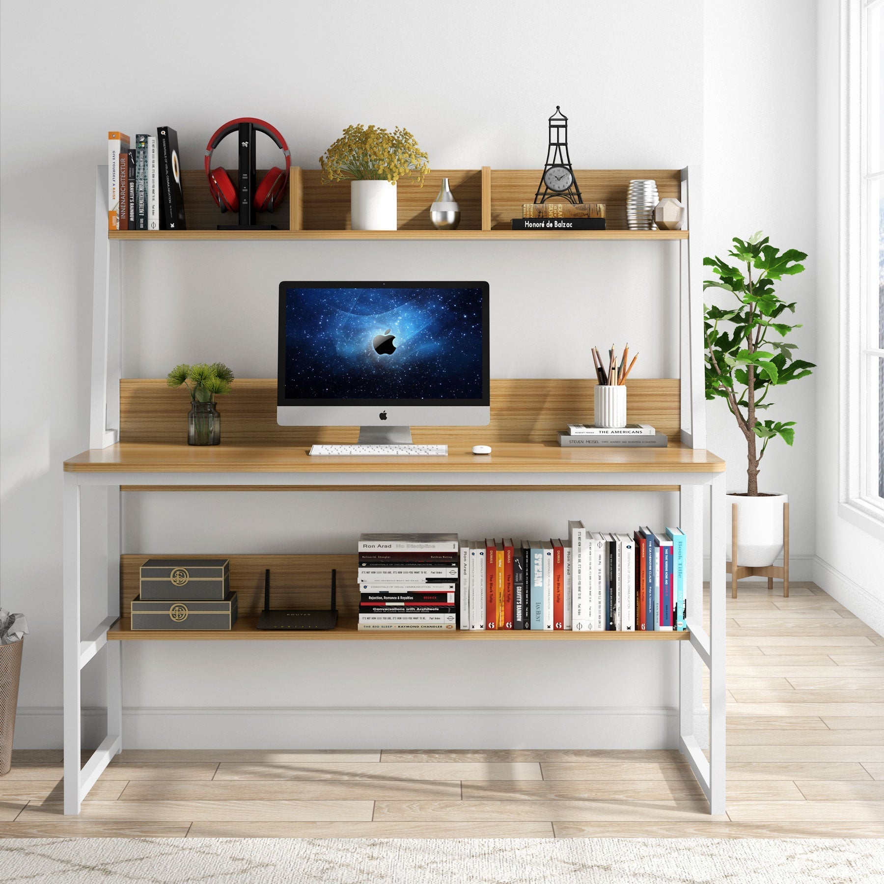 Modern Computer Desk with Hutch, 120 cm Office Desk with Storage Shelves