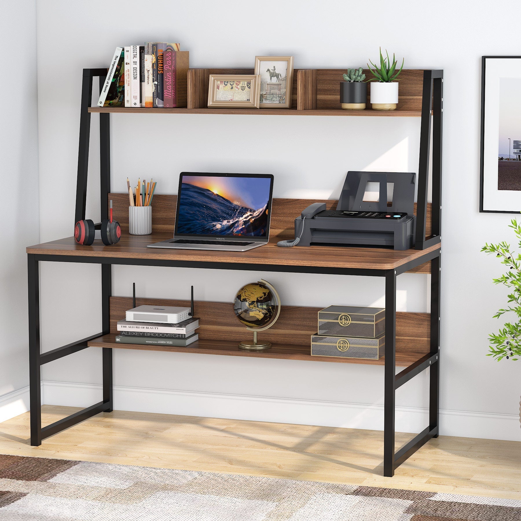 Modern Computer Desk with Hutch, 120 cm Office Desk with Storage Shelves