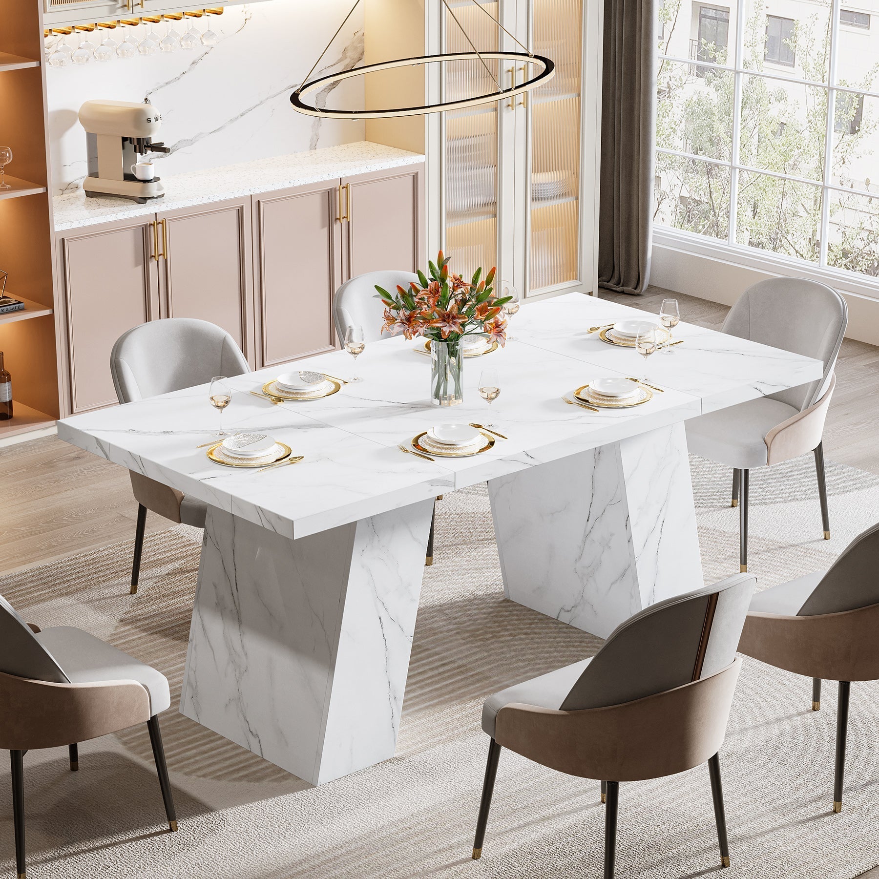 Modern Dining Table, 160 cm Faux Marble Kitchen Dinner Table for 4-6