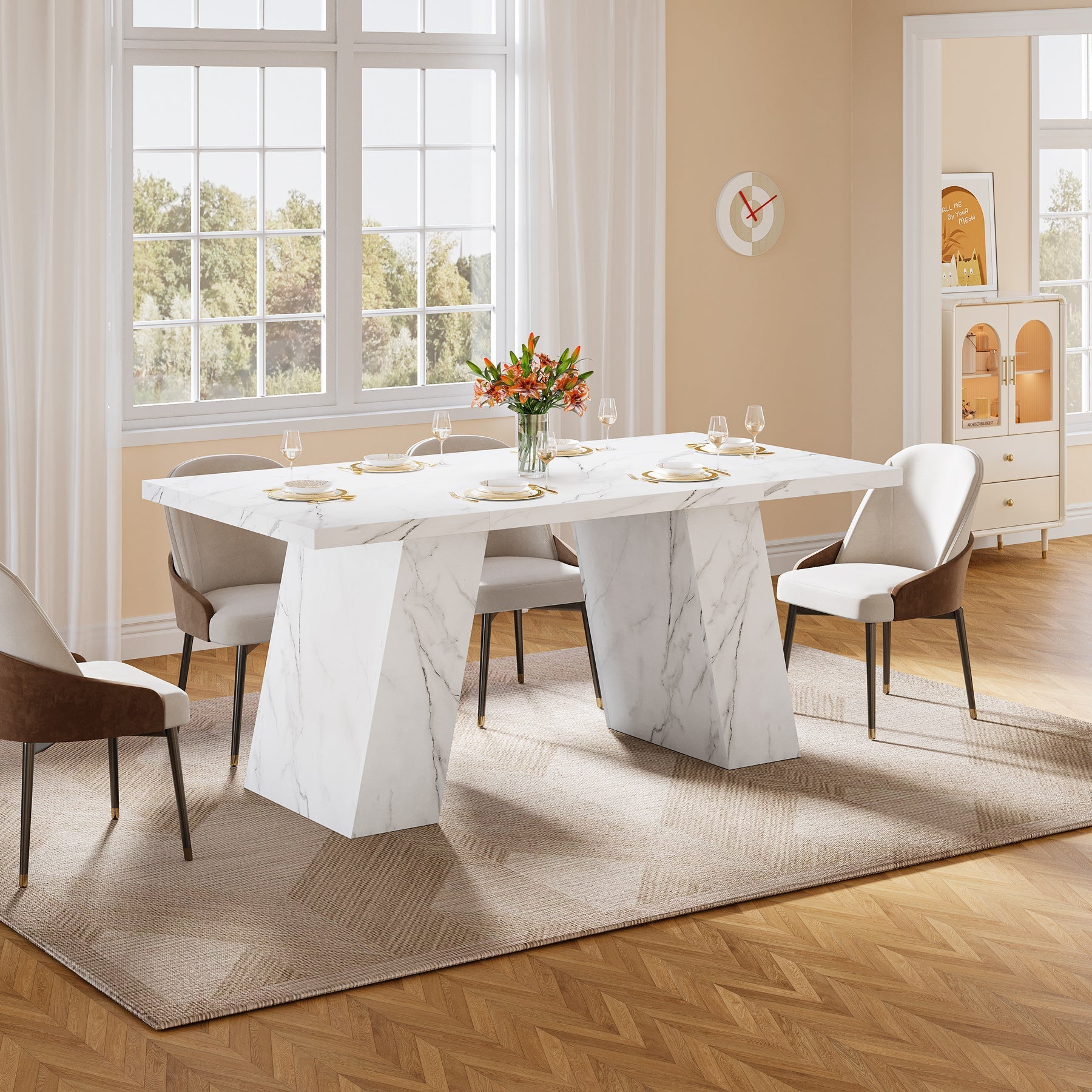 Modern Dining Table, 160 cm Faux Marble Kitchen Dinner Table for 4-6