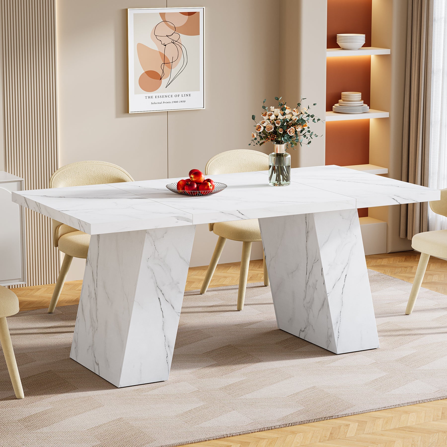 Modern Dining Table, 160 cm Faux Marble Kitchen Dinner Table for 4-6