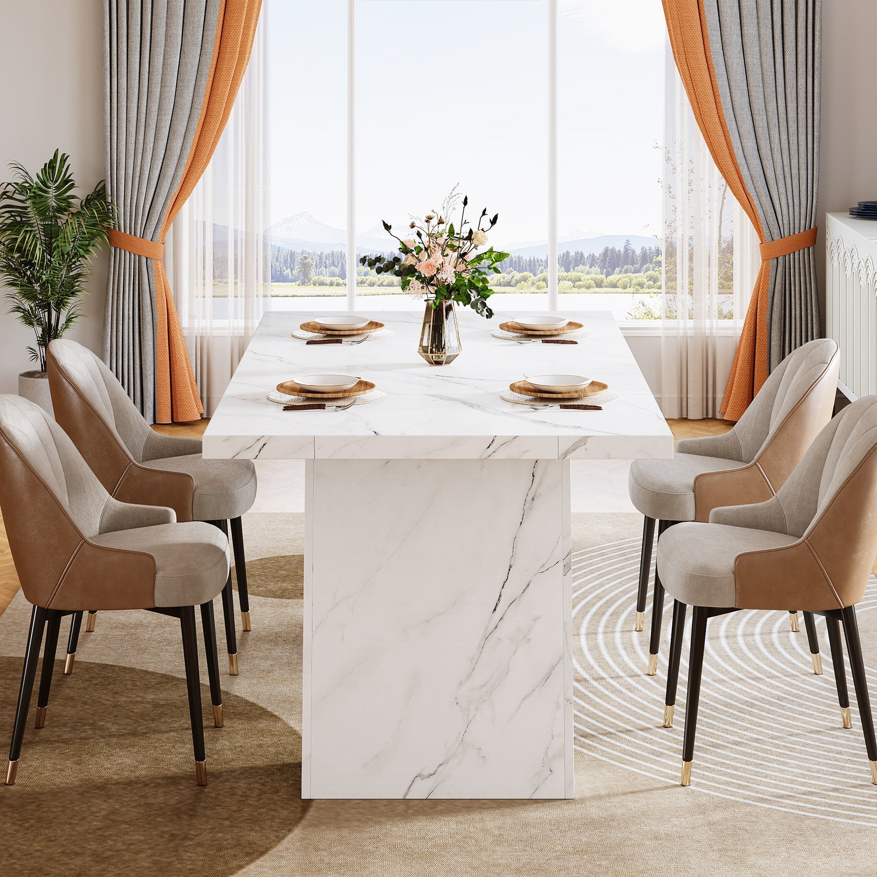 Modern Dining Table, 160 cm Faux Marble Kitchen Dinner Table for 4-6