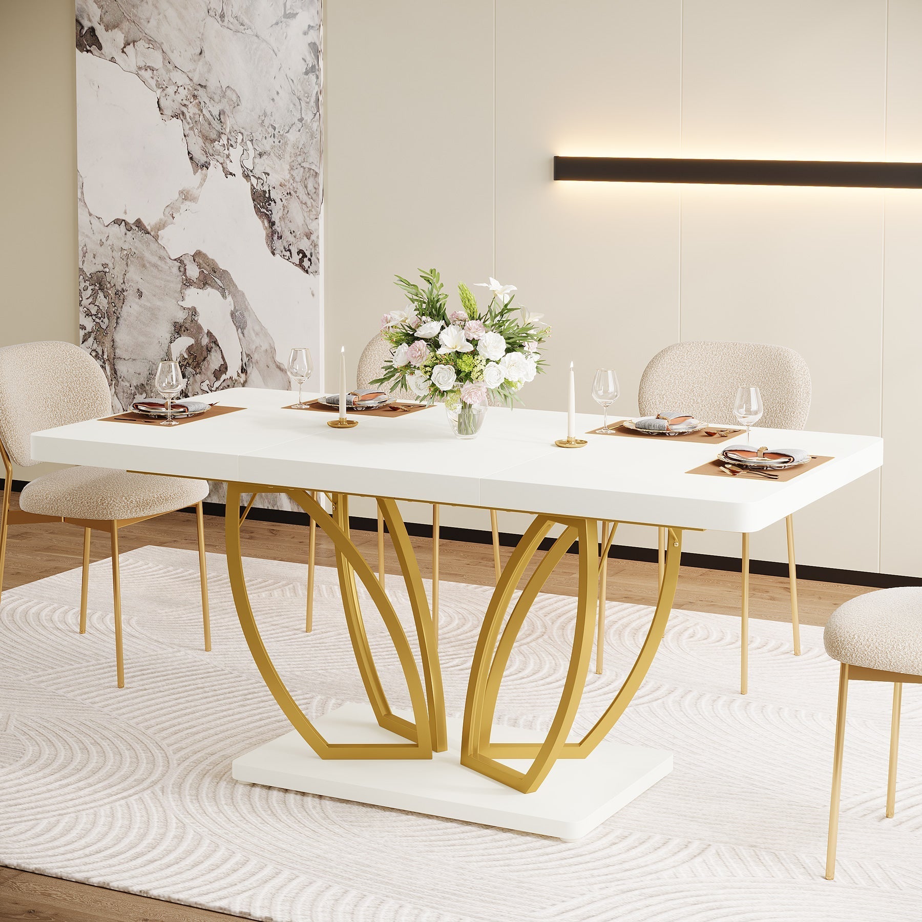 Modern Dining Table, 160 cm Kitchen Dinner Table with Petal-shaped Base