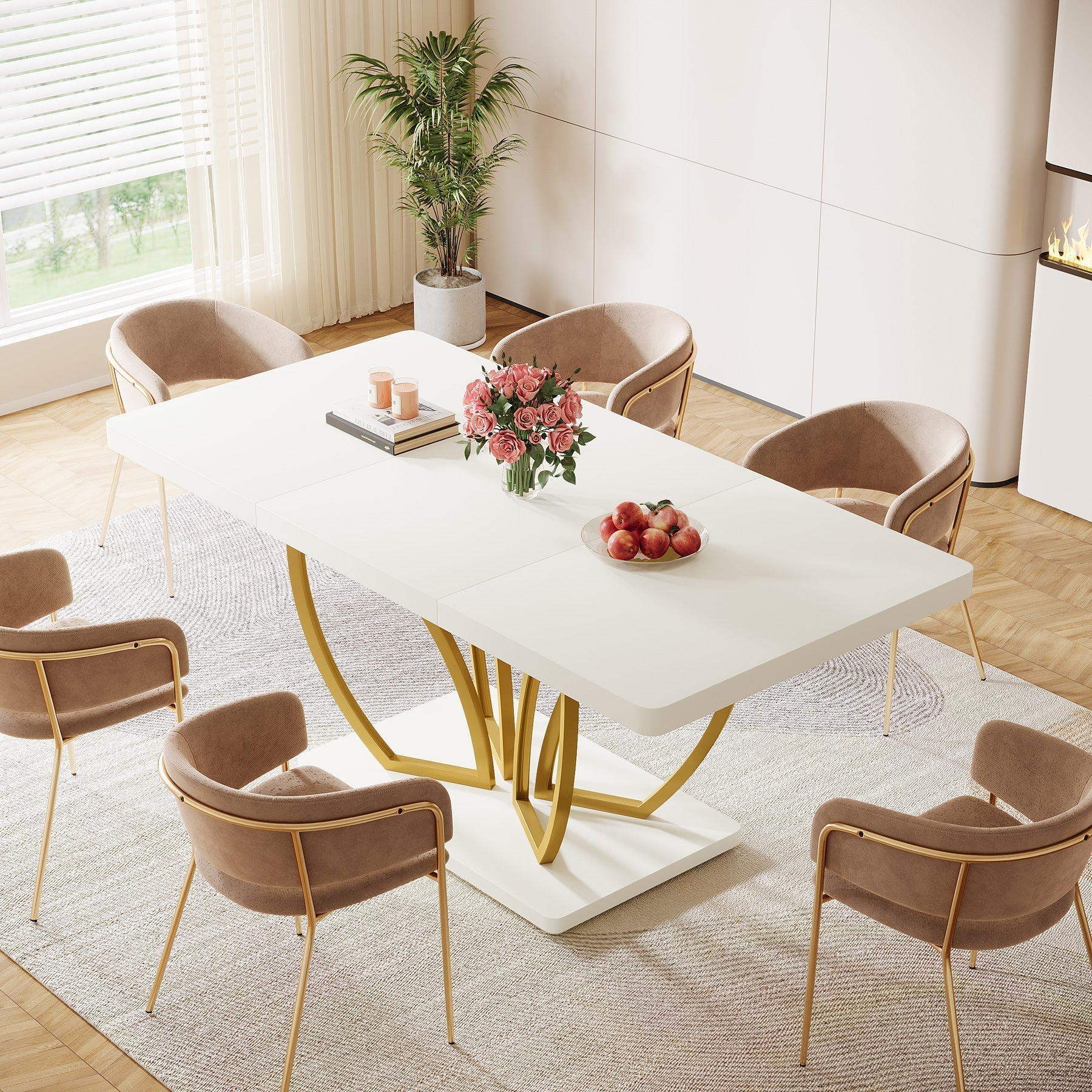 Modern Dining Table, 160 cm Kitchen Dinner Table with Petal-shaped Base