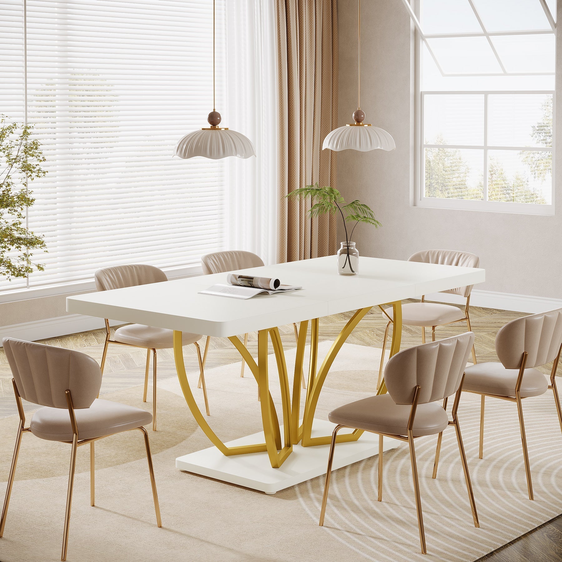 Modern Dining Table, 160 cm Kitchen Dinner Table with Petal-shaped Base