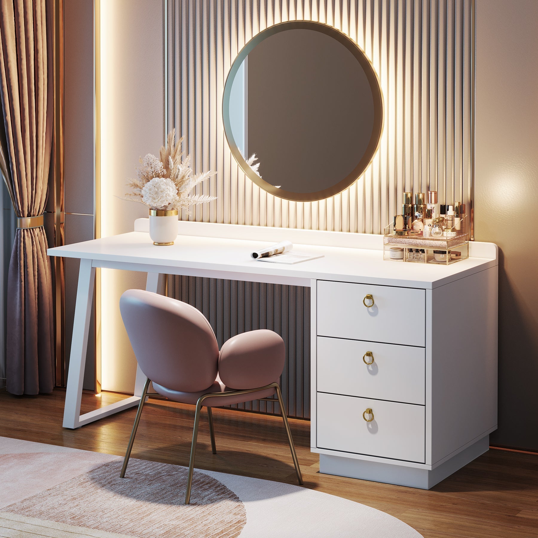 Modern Makeup Vanity Desk, 140 cm Dressing Table with 3 Drawers (Without Mirror)