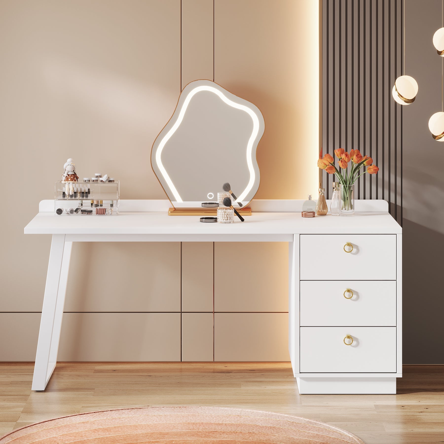 Modern Makeup Vanity Desk, 140 cm Dressing Table with 3 Drawers (Without Mirror)