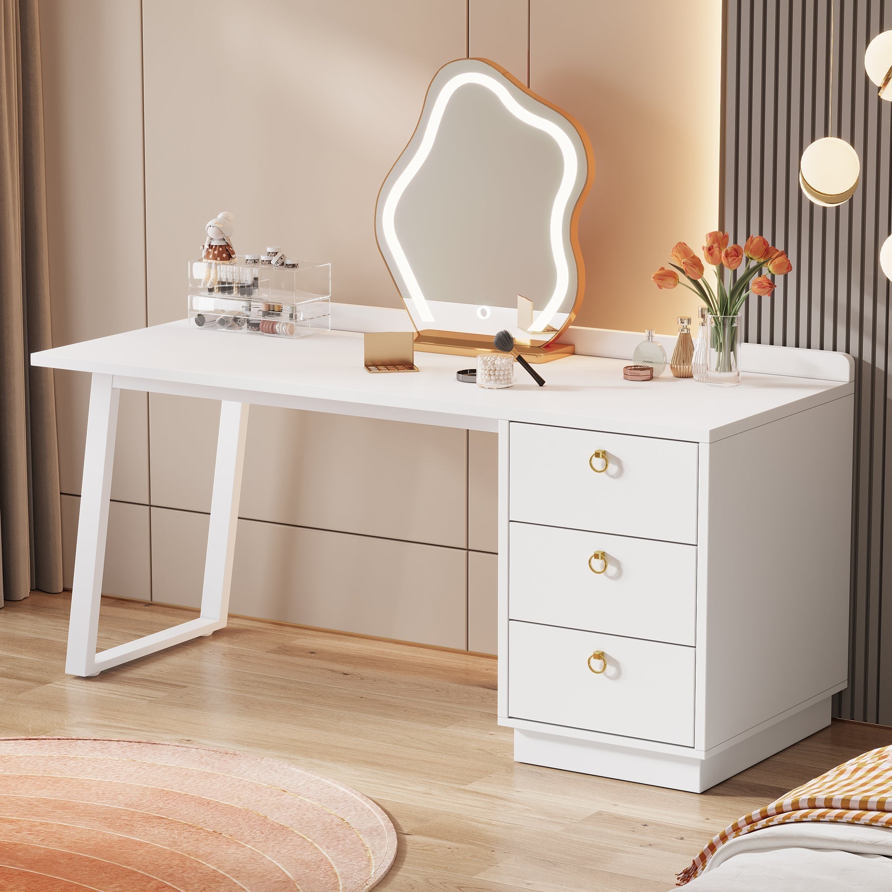 Modern Makeup Vanity Desk, 140 cm Dressing Table with 3 Drawers (Without Mirror)