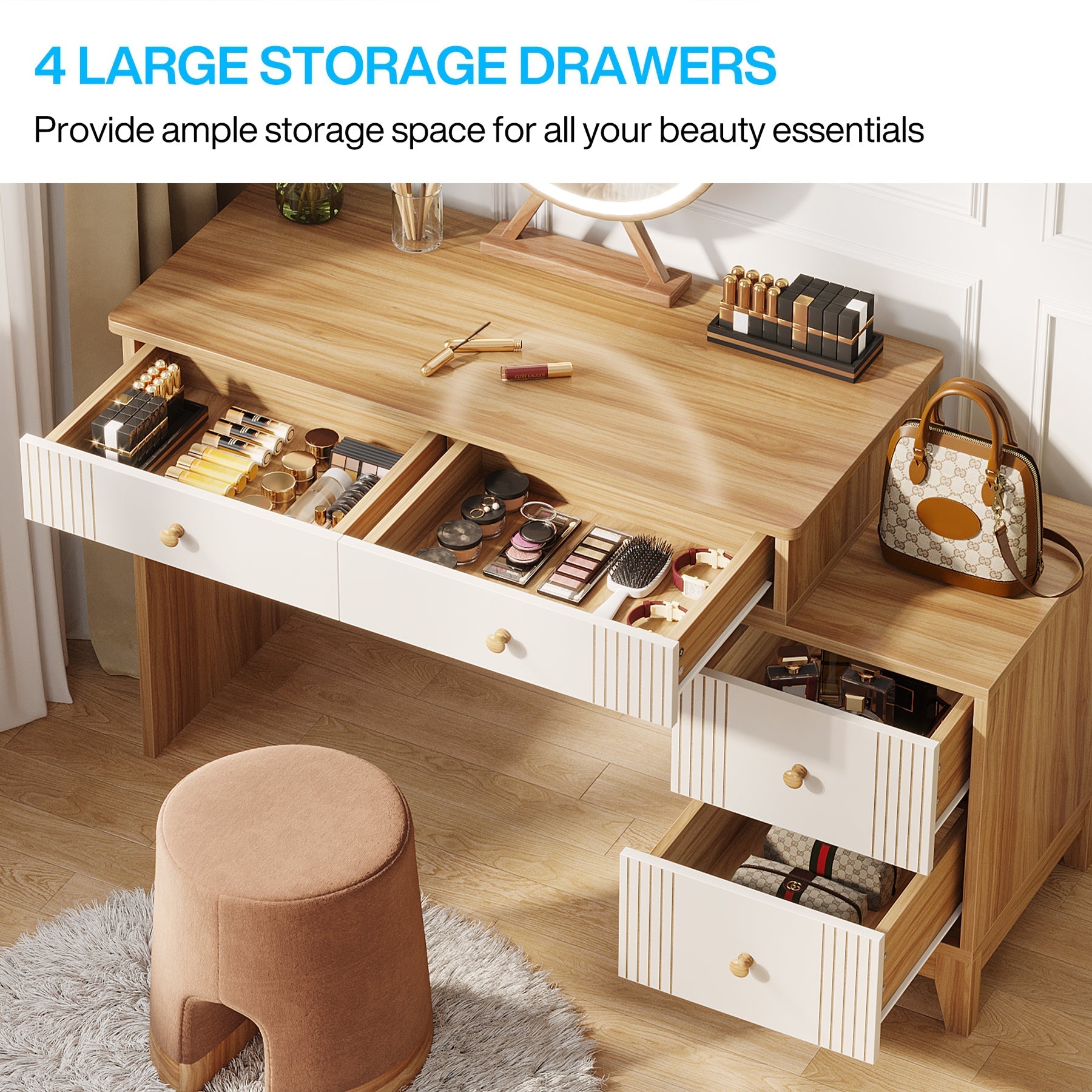 Modern Makeup Vanity Dressing Table with 4 Large Drawers (Without Mirror & Stool) - 100 cm