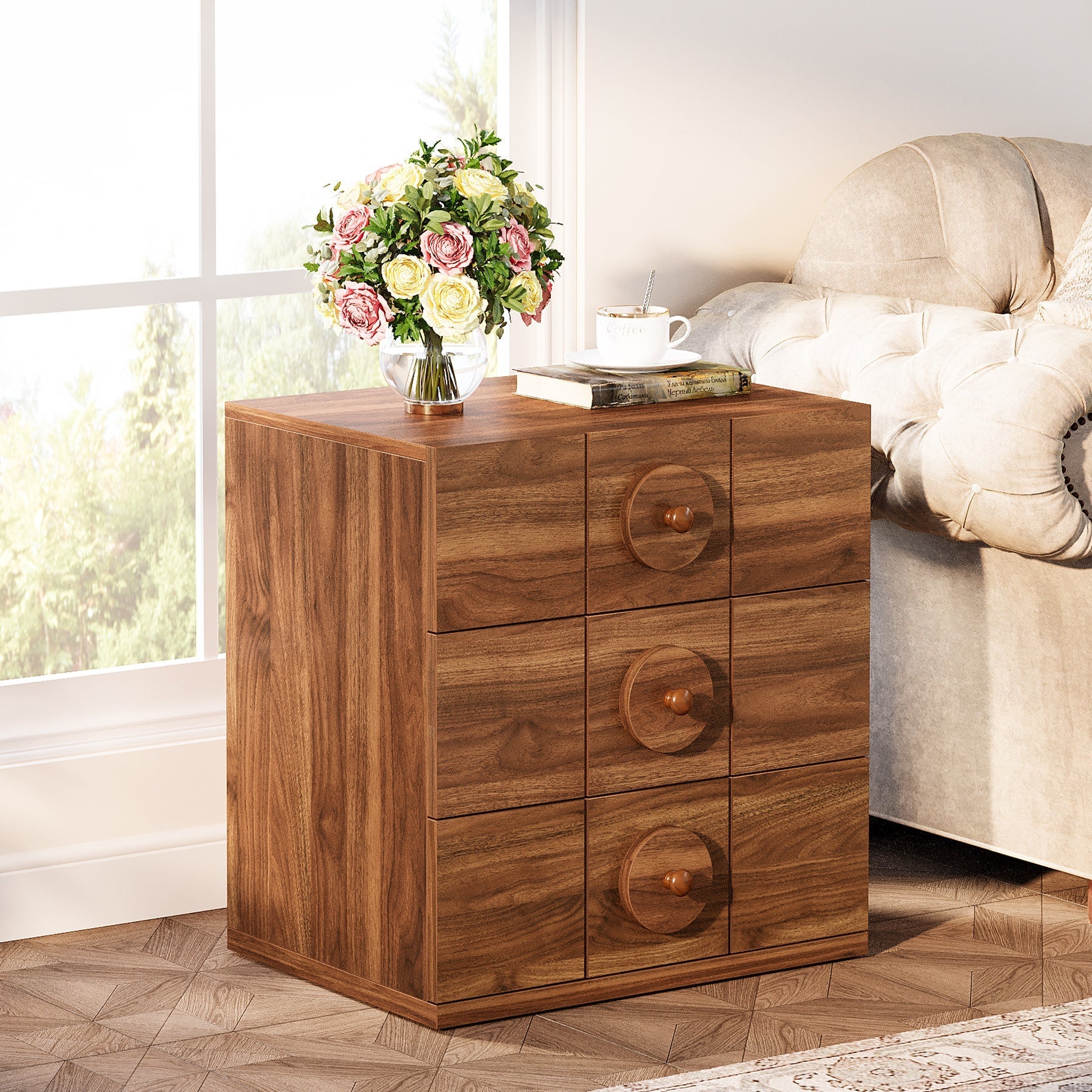 Modern Nightstand, Wooden Bedside End Table with 3 Drawers (76.2 cm)