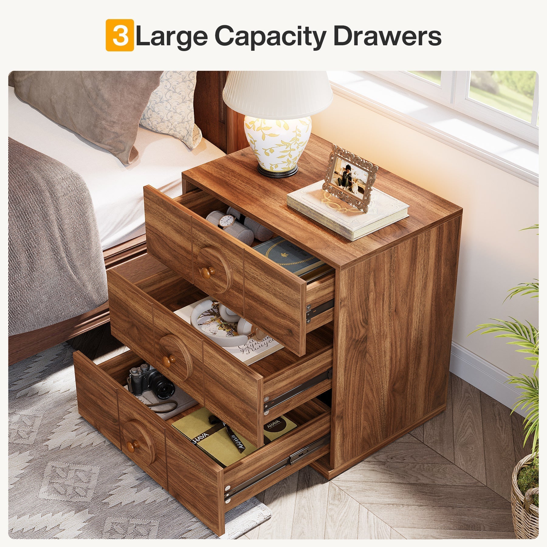 Modern Nightstand, Wooden Bedside End Table with 3 Drawers (76.2 cm)