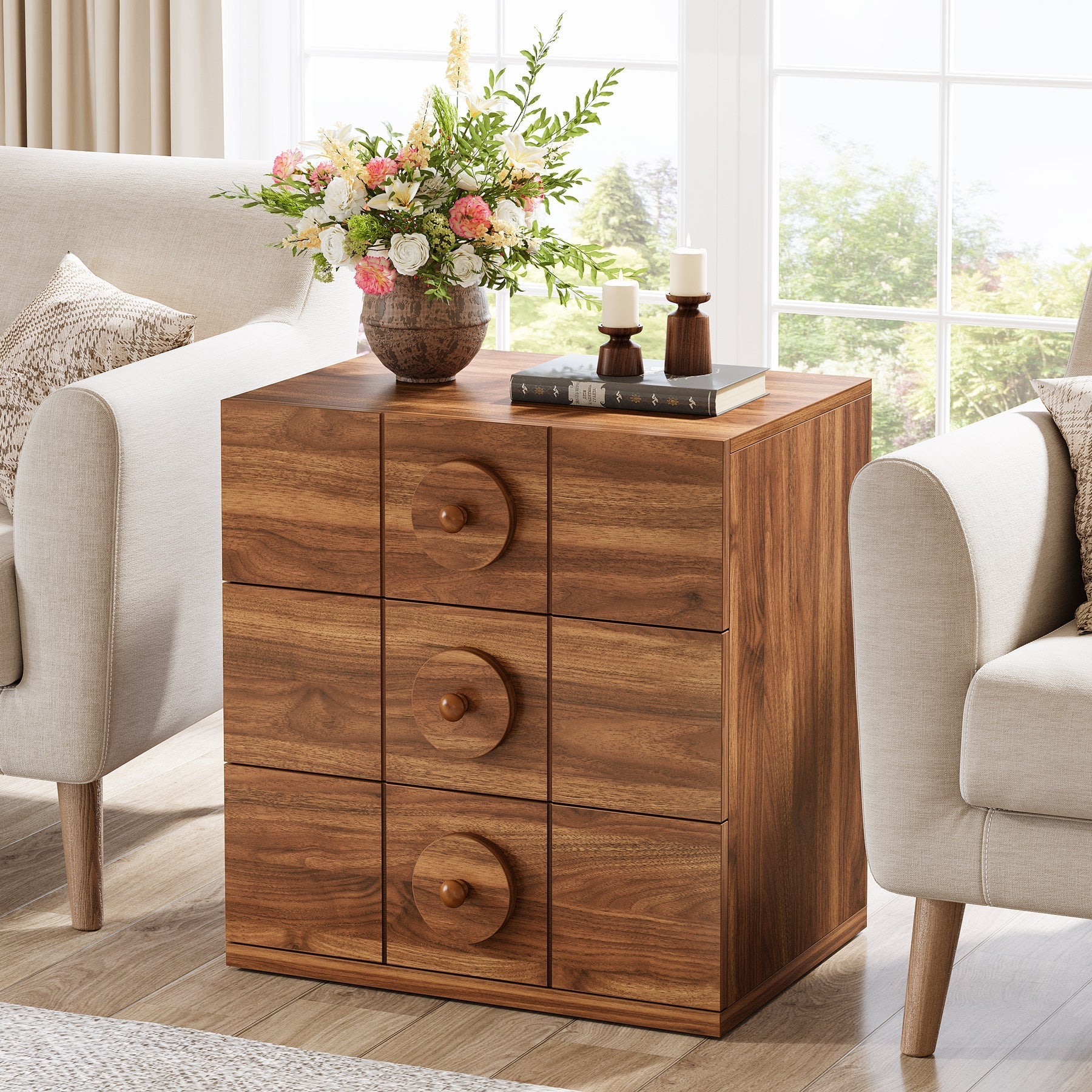 Modern Nightstand, Wooden Bedside End Table with 3 Drawers (76.2 cm)