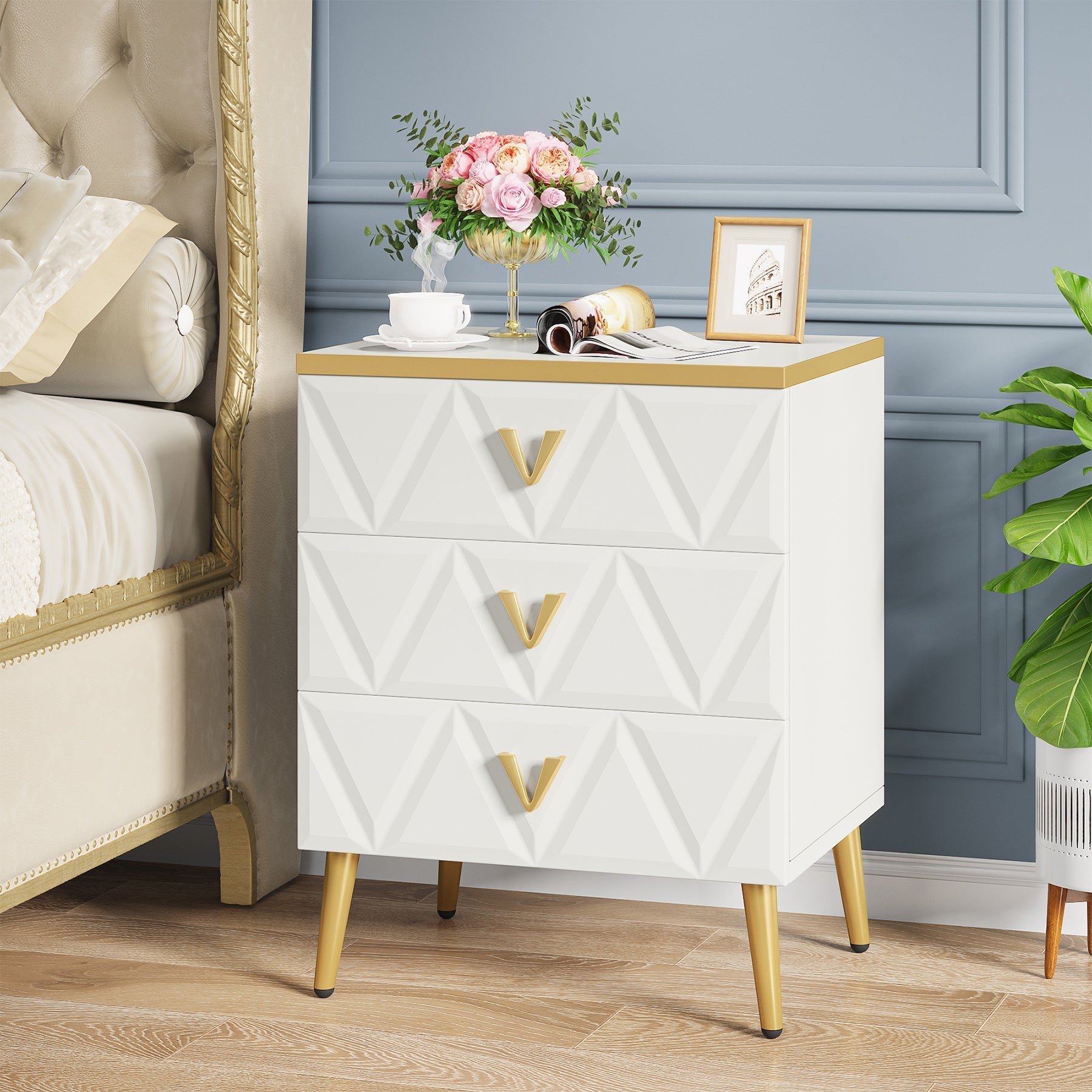 Modern Nightstand, Wooden Bedside Table with 3 Drawers (2PCS) - Dimensions in cm