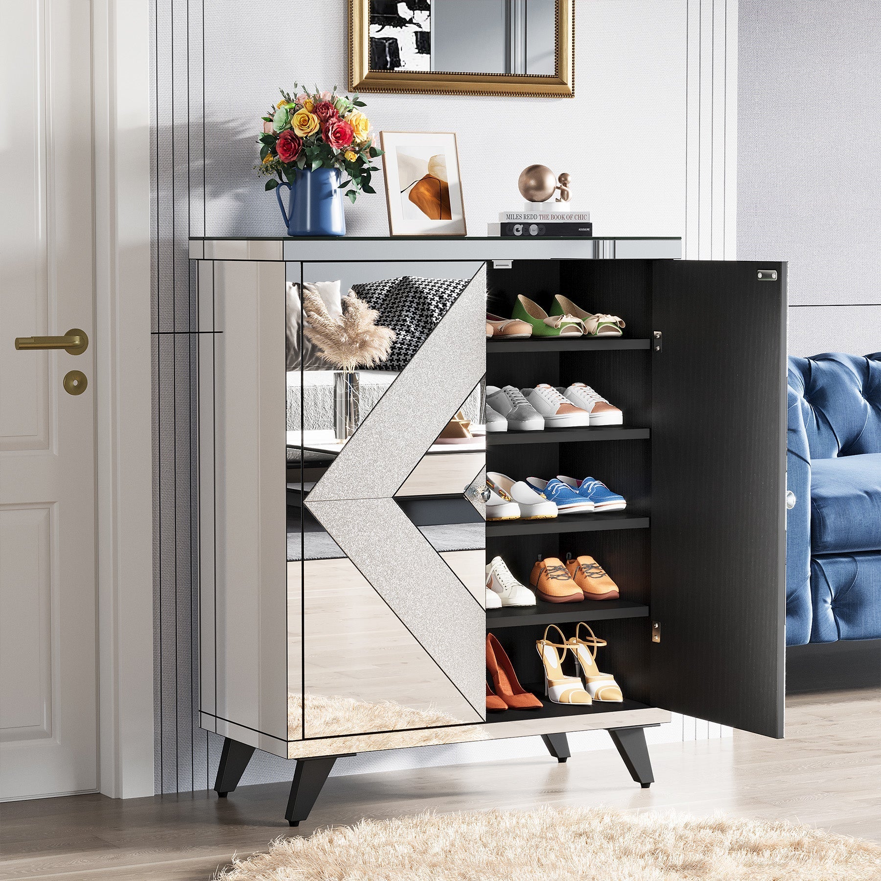 Modern Shoe Cabinet Entryway Shoe Organizer with Mirrored Doors (cm)