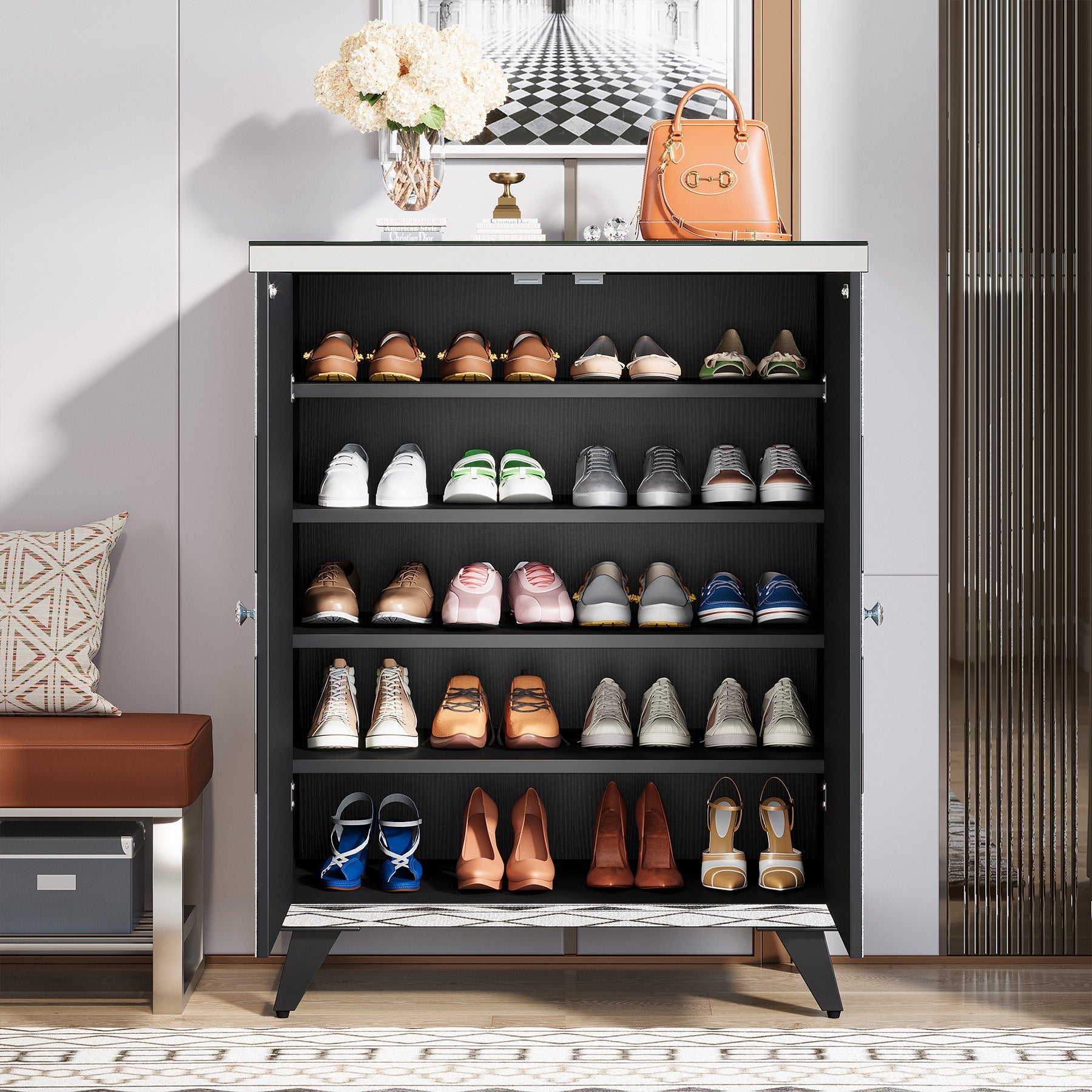 Modern Shoe Cabinet Entryway Shoe Organizer with Mirrored Doors (cm)