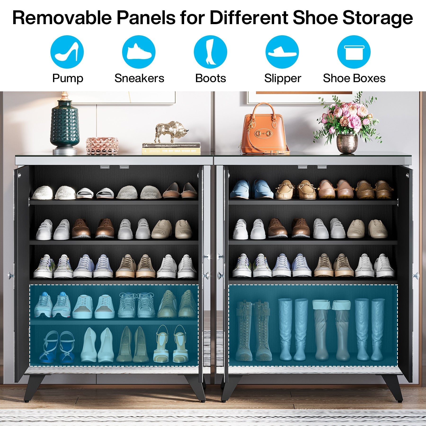 Modern Shoe Cabinet Entryway Shoe Organizer with Mirrored Doors (cm)