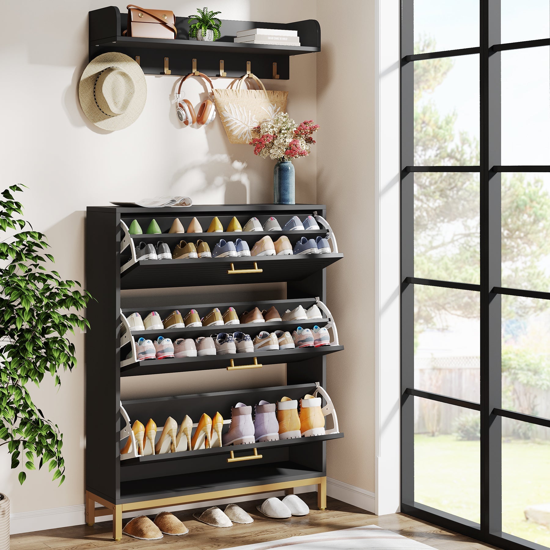 Modern Shoe Cabinet with Wall Mounted Coat Rack & Flip Drawer (in cm)