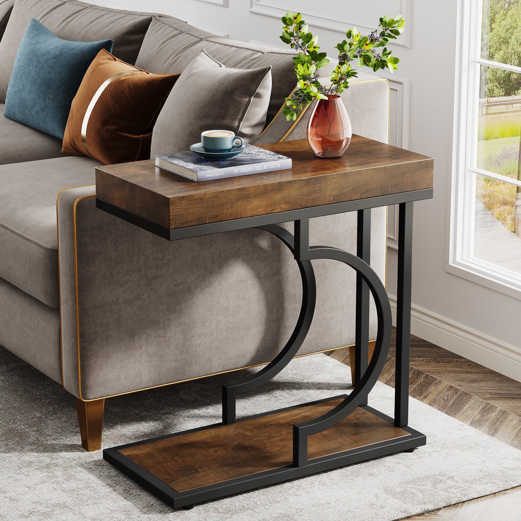 Narrow C Table, Modern End Table Bedside Table with Metal Frame