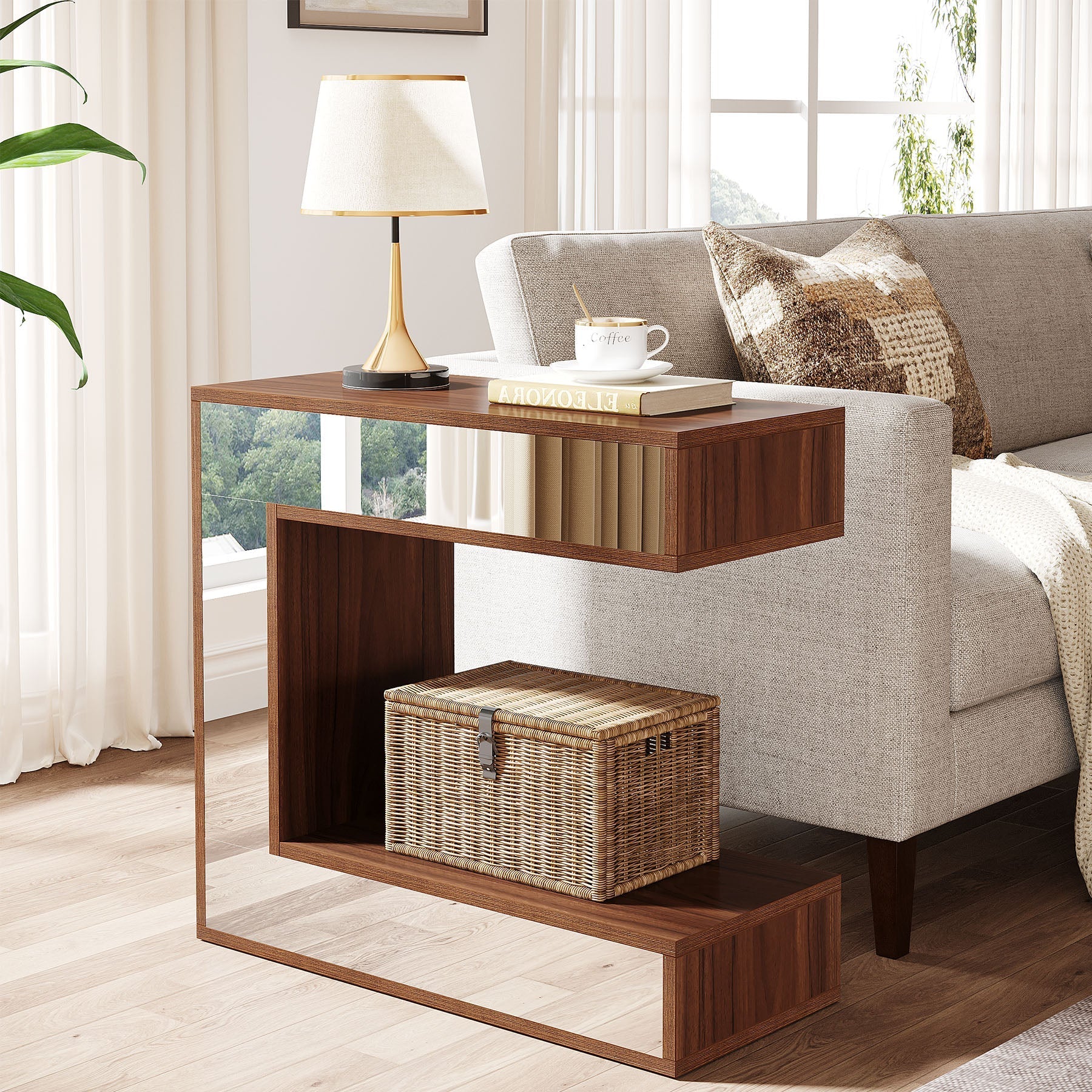 Narrow End Table, Mirrored Sofa Side Table With Storage Shelf