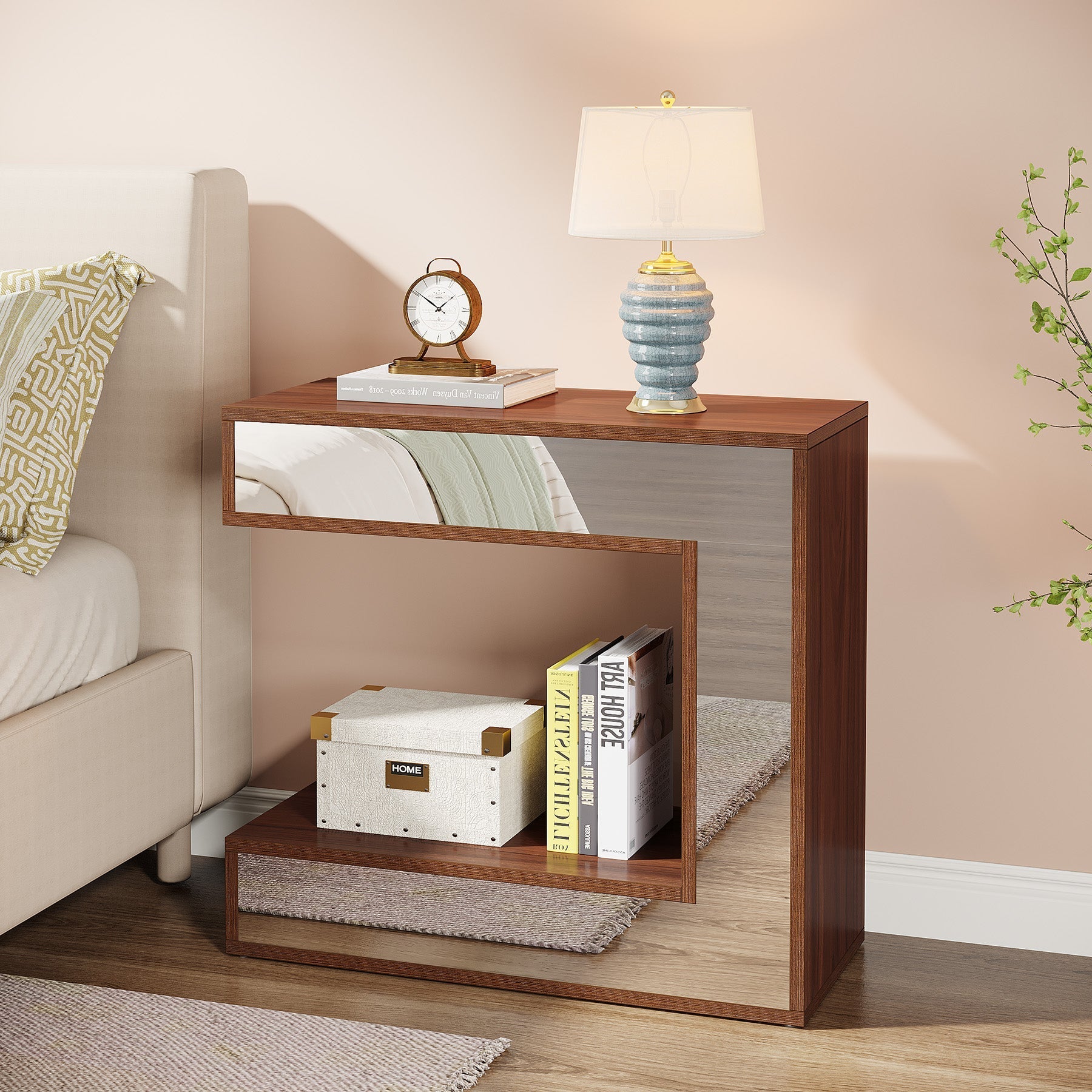 Narrow End Table, Mirrored Sofa Side Table With Storage Shelf